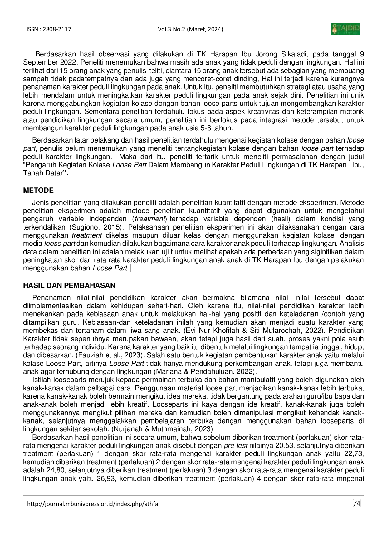 JURIS A The Impact of Loose Parts Collage Activities in Building Environmental Care Character at TK Harapan Ibu Tanah Datar