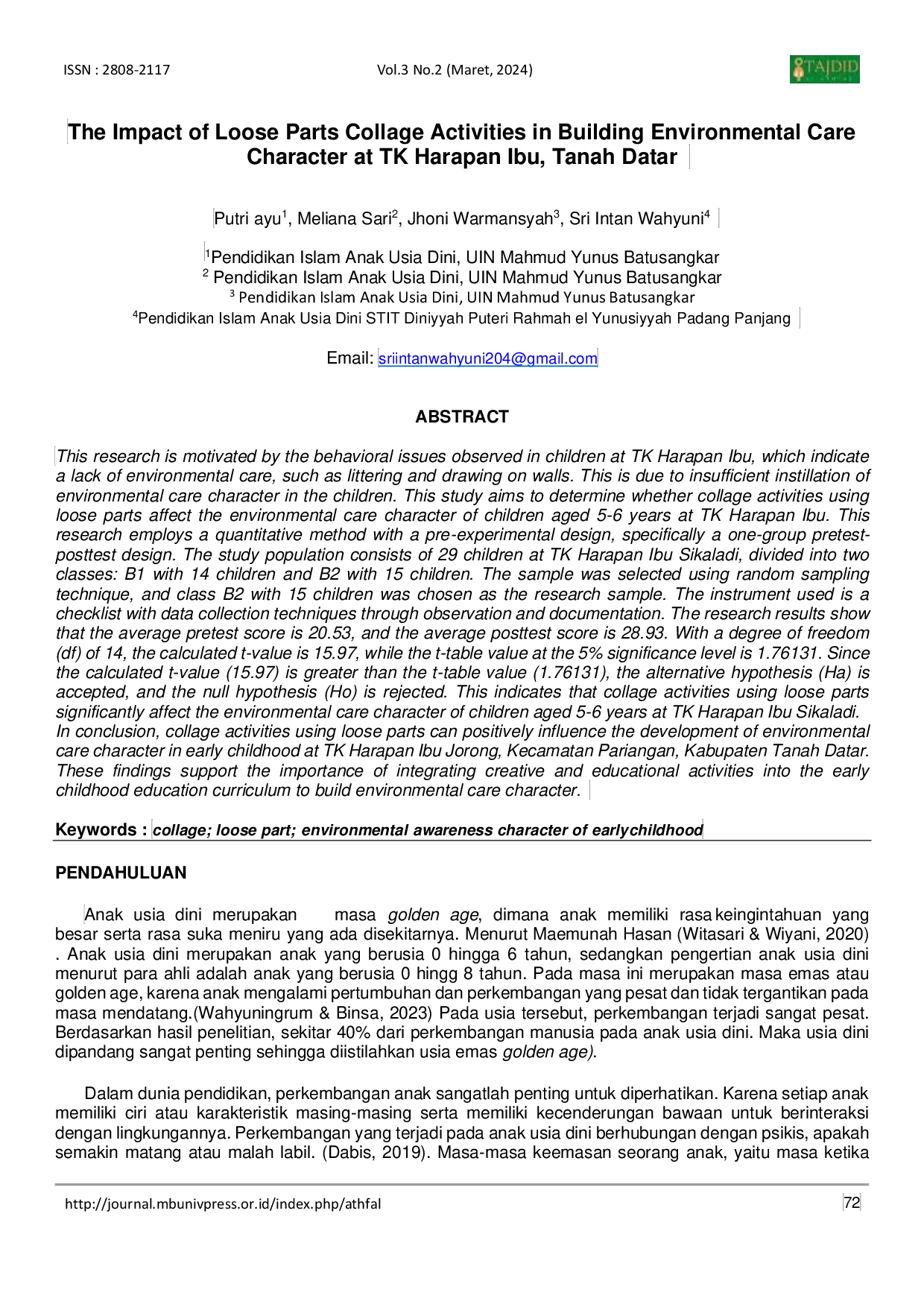 JURIS A The Impact of Loose Parts Collage Activities in Building Environmental Care Character at TK Harapan Ibu Tanah Datar
