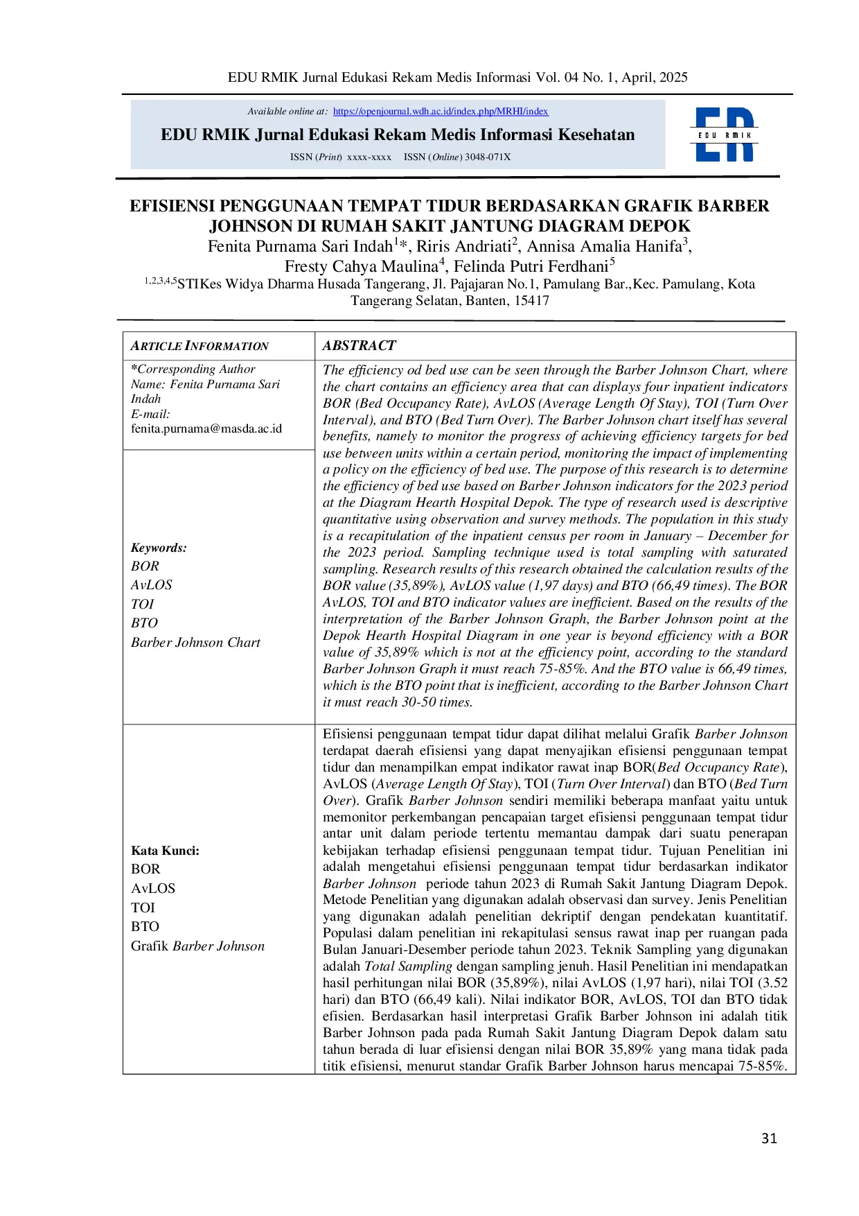 JURIS Efisiensi Penggunaan Tempat Tidur Berdasarkan Grafik Barber Johnson Di Rumah Sakit Jantung Diagram Depok