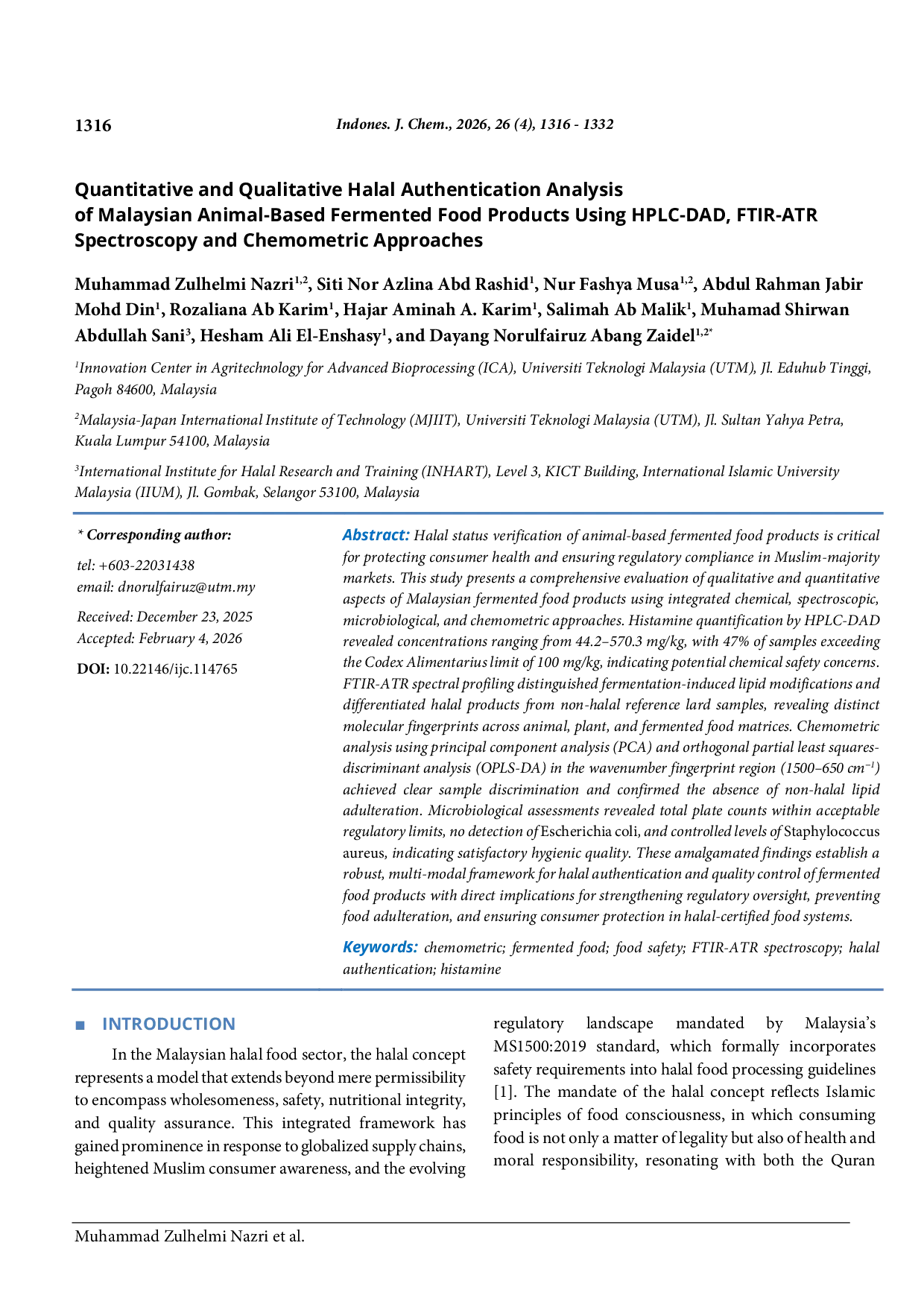 JURIS Quantitative and Qualitative Halal Authentication Analysis of Malaysian Animal Based Fermented Food Products Using HPLC DAD FTIR ATR Spectroscopy and Chemometric Approaches