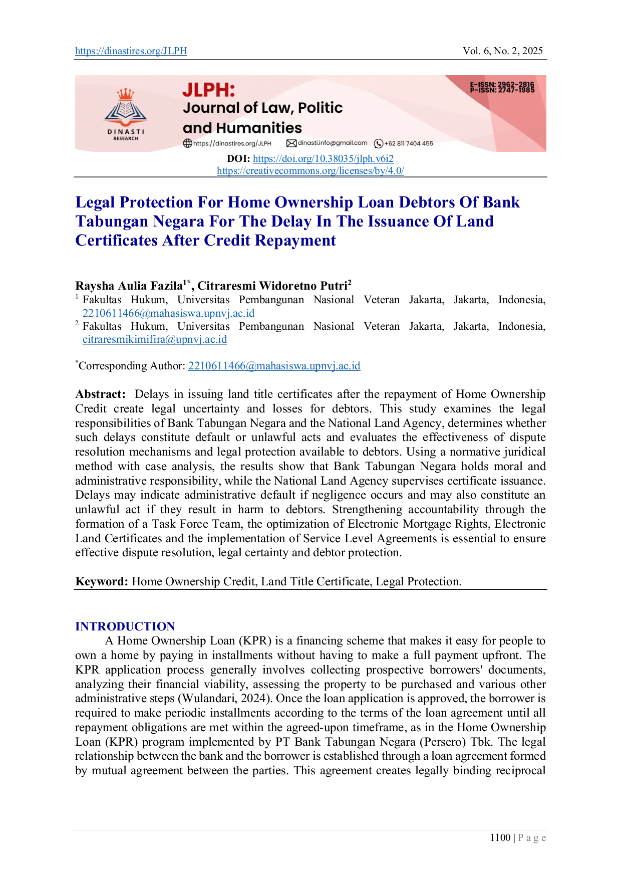 JURIS Legal Protection for Home Ownership Loan Debtors of Bank Tabungan Negara for the Delay in the Issuance of Land Certificates After Credit Repayment