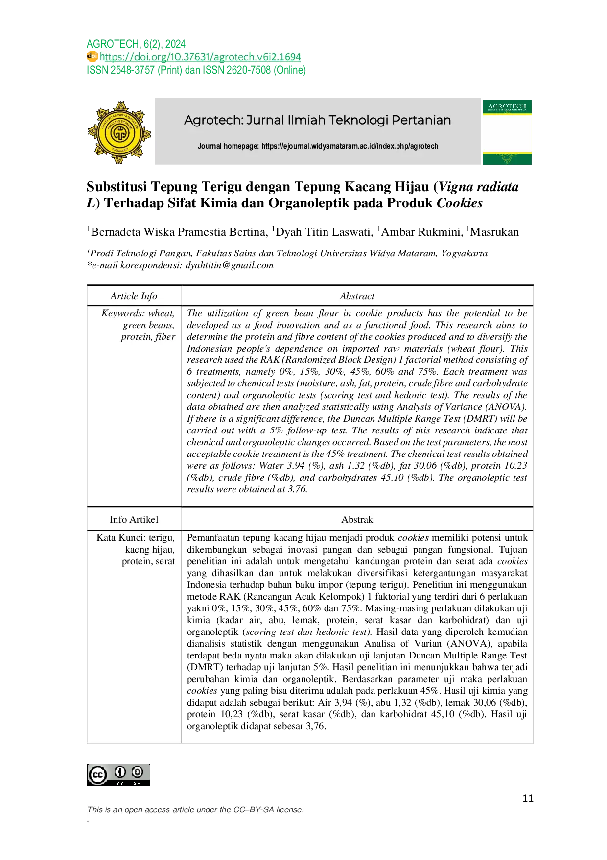 JURIS Substitusi Tepung Terigu dengan Tepung Kacang Hijau Vigna radiata L Terhadap Sifat Kimia dan Organoleptik pada Produk Cookies