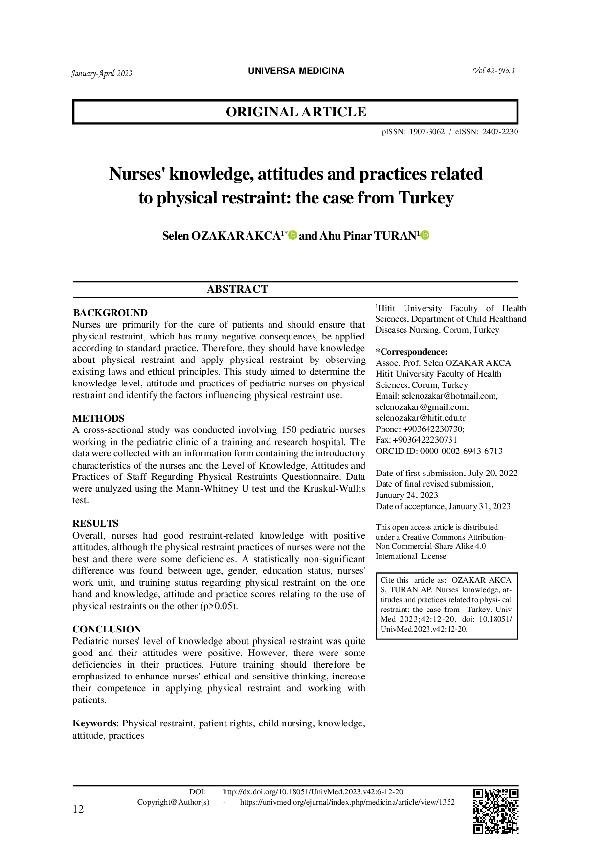 juris Nurses knowledge attitudes and practices related to physical restraint the case from Turkey