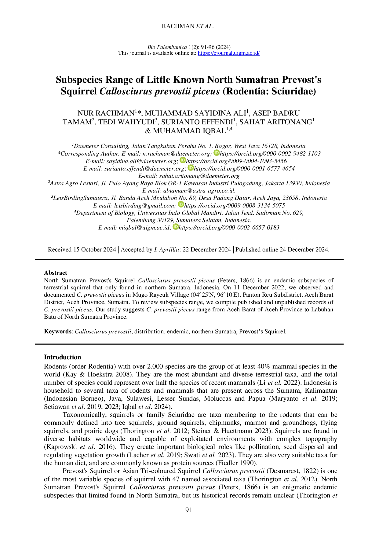 JURIS Subspecies Range of Little Known North Sumatran Prevost s Squirrel Callosciurus prevostii piceus Rodentia Sciuridae