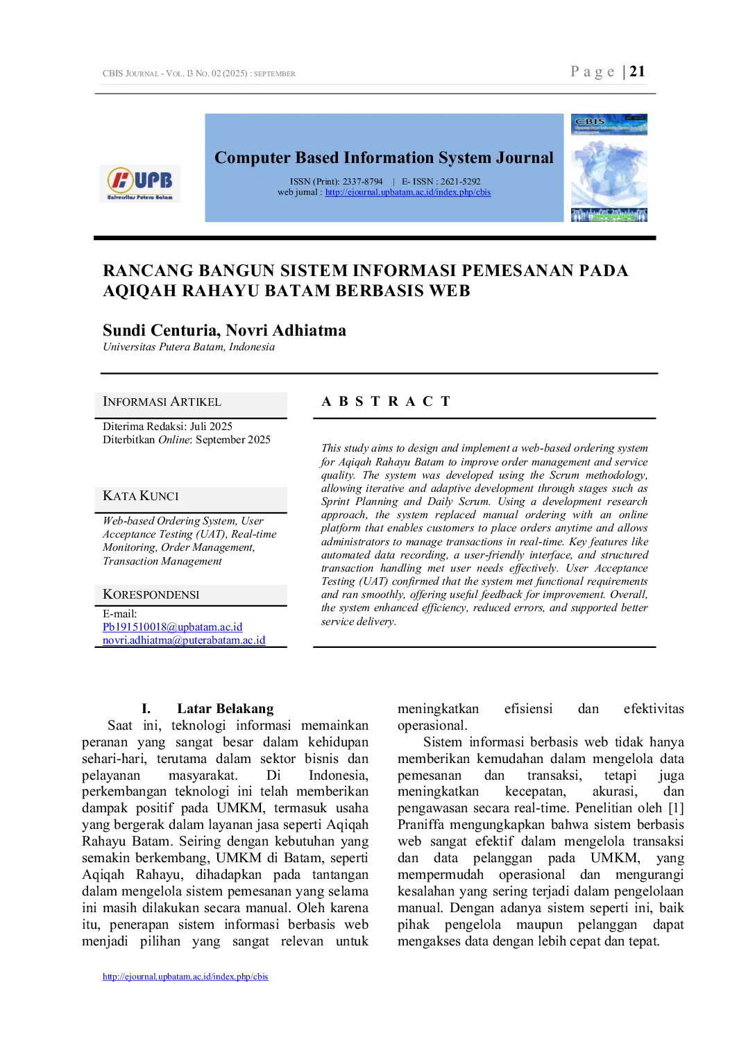 JURIS RANCANG BANGUN SISTEM INFORMASI PEMESANAN PADA AQIQAH RAHAYU BATAM BERBASIS WEB