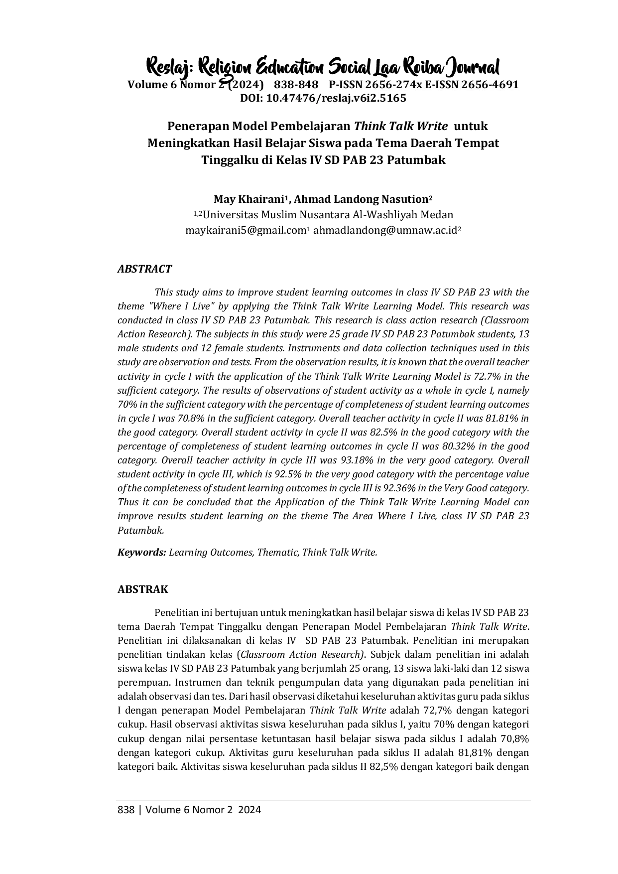 juris Penerapan Model Pembelajaran Think Talk Write untuk Meningkatkan Hasil Belajar Siswa pada Tema Daerah Tempat Tinggalku di Kelas IV SD PAB 23 Patumbak