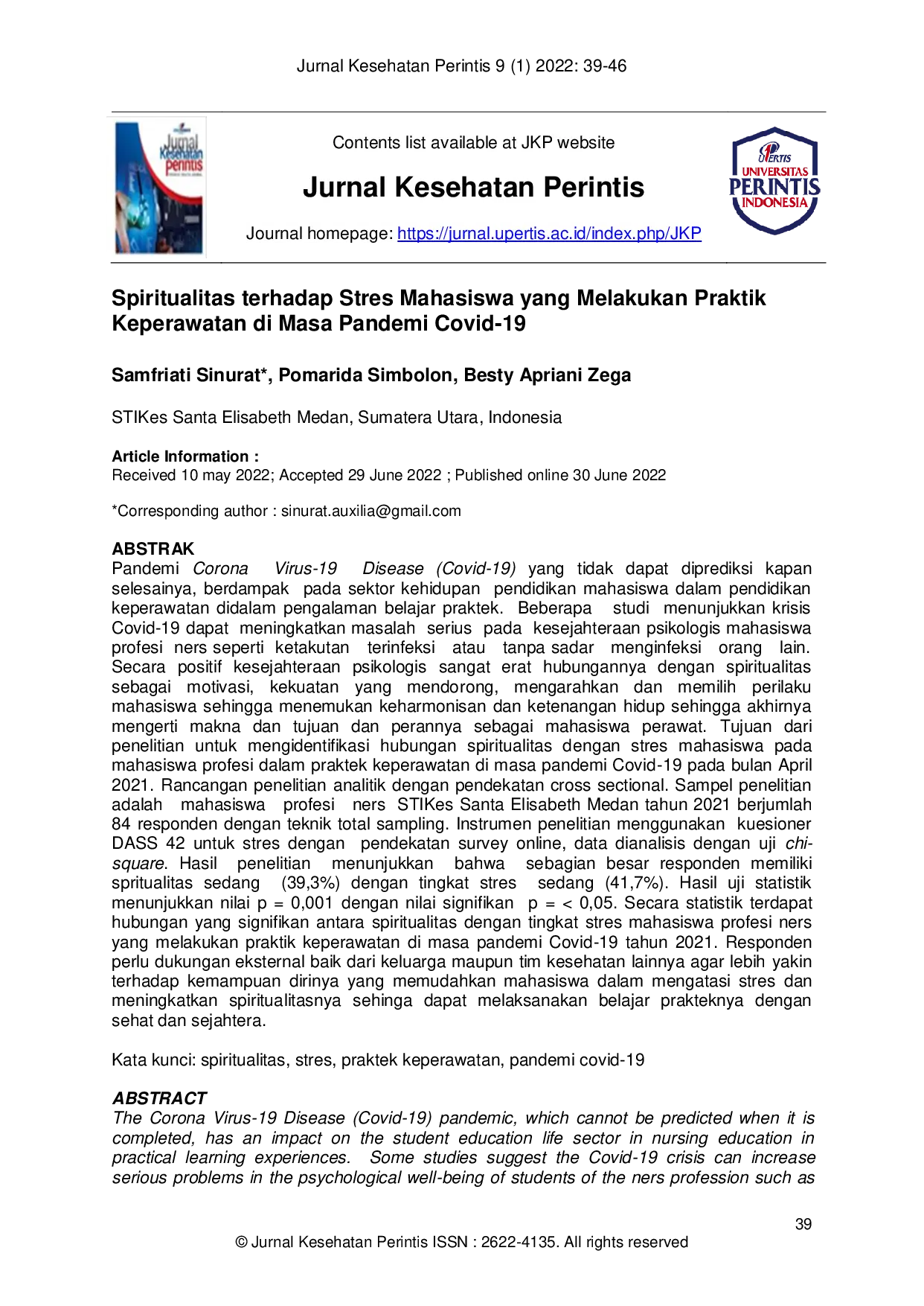 JURIS Spiritualitas dengan Stres Mahasiswa yang Melakukan Praktik Keperawatan di Masa Pandemi Covid 19