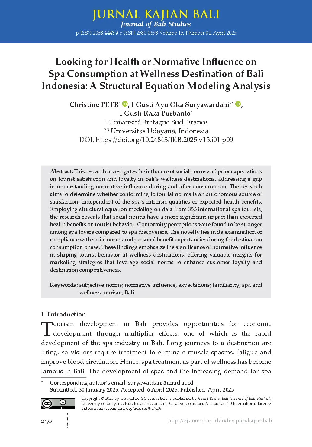 juris Looking for Health or Normative Influence on Spa Consumption at Wellness Destination of Bali Indonesia A Structural Equation Modeling Analysis
