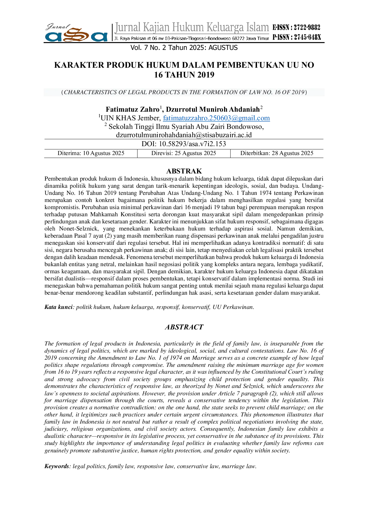 JURIS Karakter Produk Hukum Dalam Pembentukan UU No 16 Tahun 2019 Characteristics of Legal Products in the Formation of Law No 16 of 2019