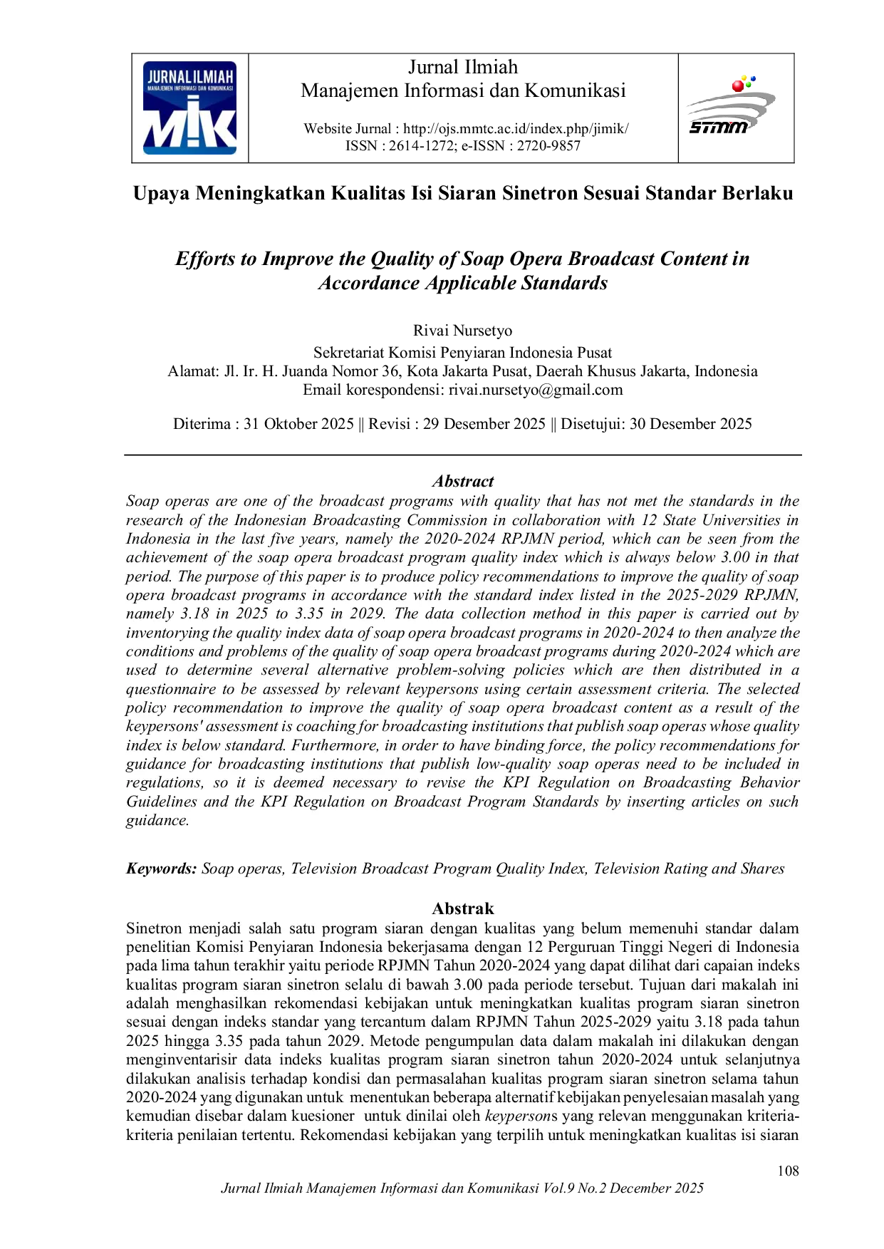 JURIS Upaya Meningkatkan Kualitas Isi Siaran Sinetron Sesuai Standar Berlaku