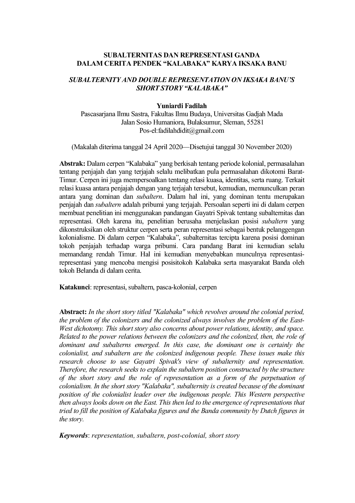JURIS Subalternitas Dan Representasi Ganda Dalam Cerita Pendek Kalabaka Karya Iksaka Banu