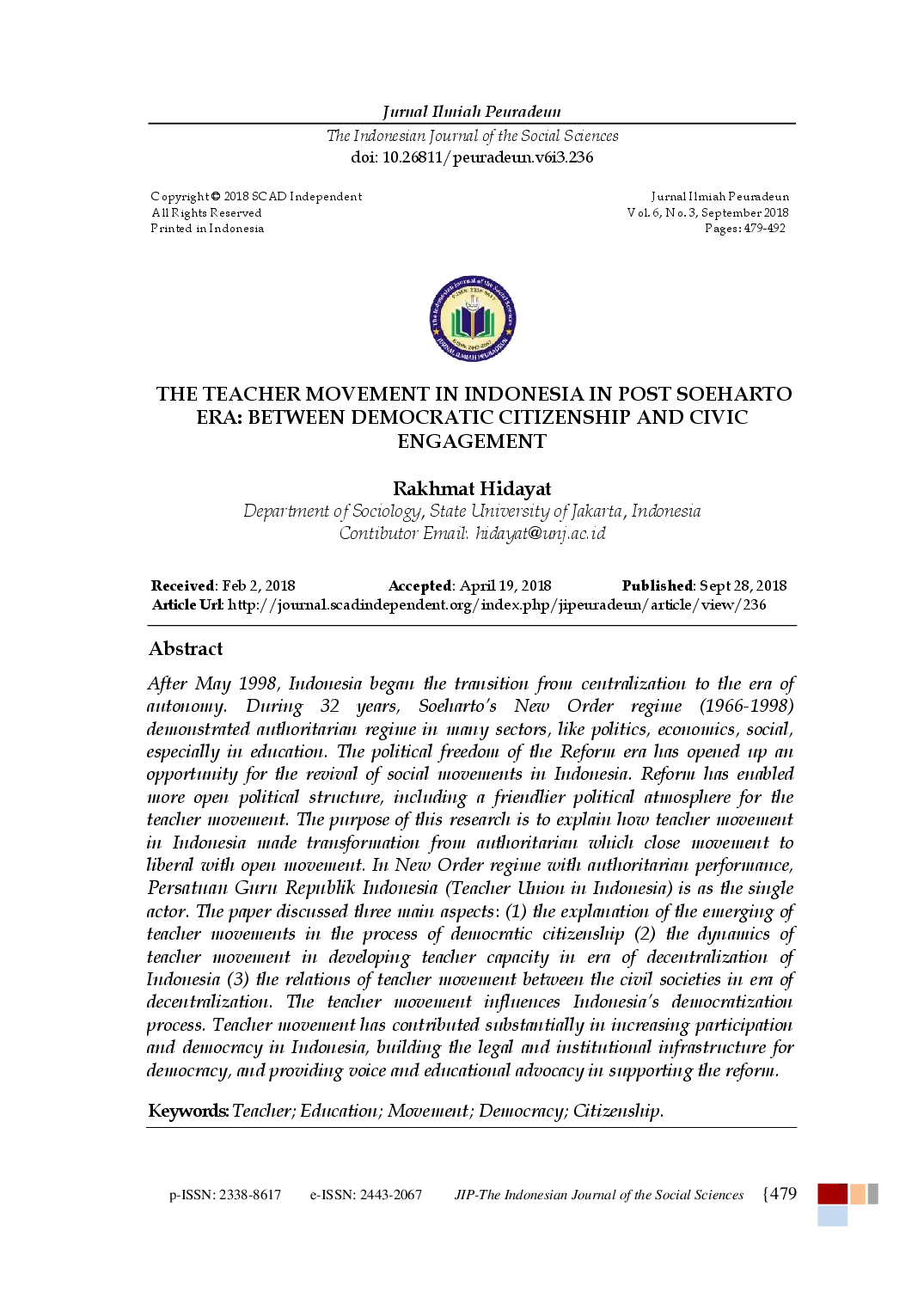 juris Democratic Citizenship of Teacher Movement in Indonesia Post Soeharto Between Democratic Citizenship and Civic Engagement