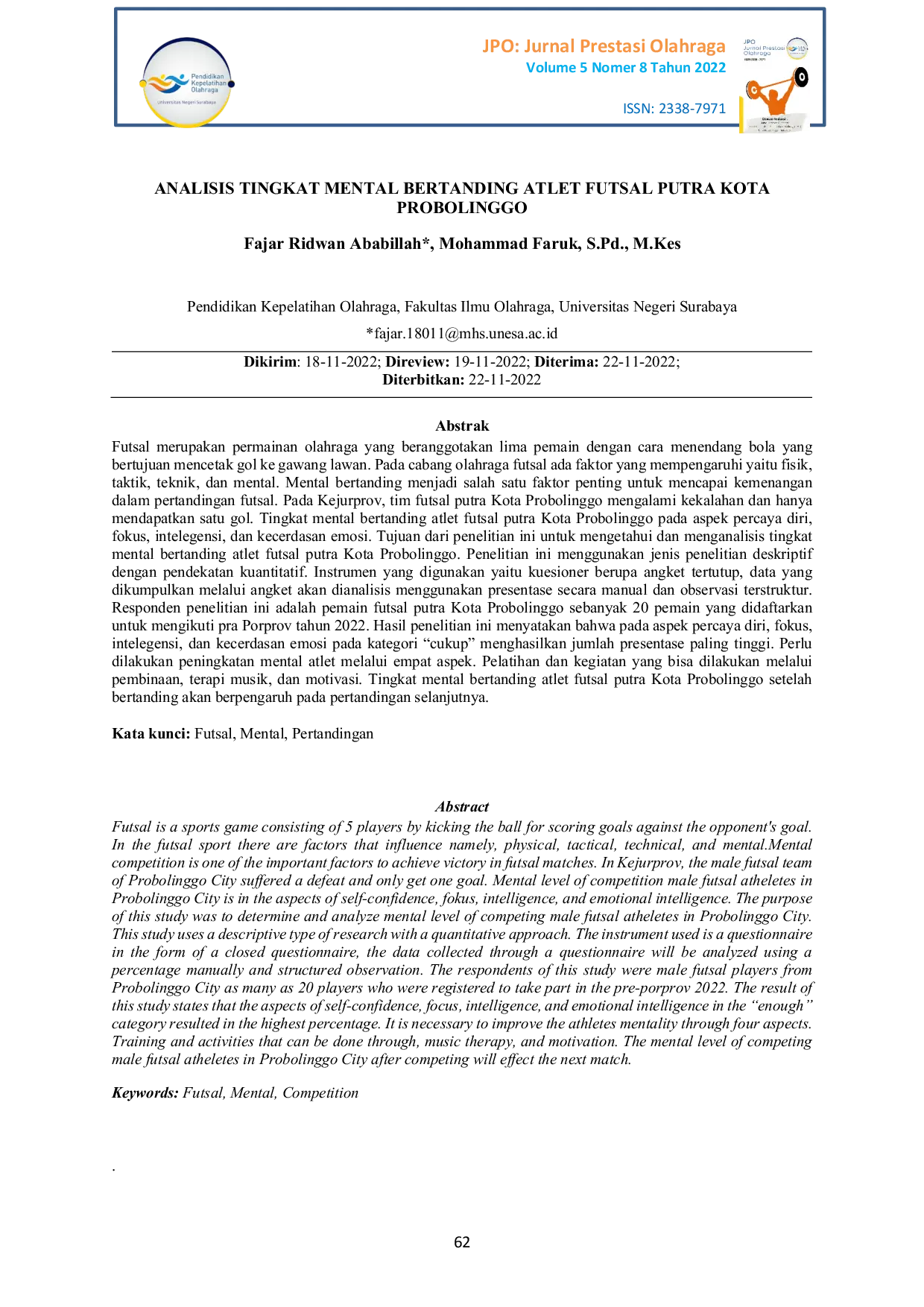 JURIS Analisis Tingkat Mental Bertanding Atlet Futsal Putra Kota Probolinggo