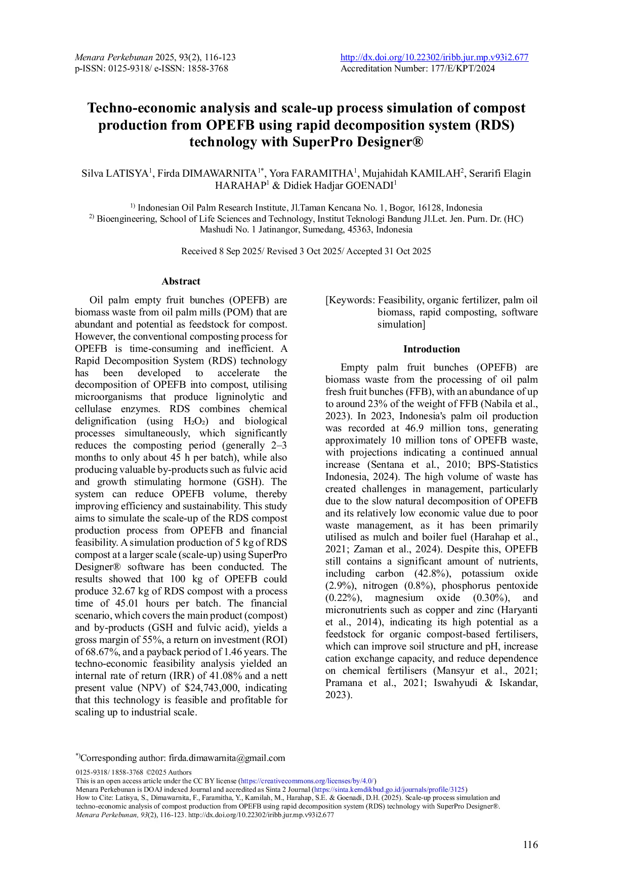 JURIS Techno Economic Analysis and Scale Up Process Simulation of Compost Production from OPEFB Using Rapid Decomposition System RDS Technology with SuperPro Designer