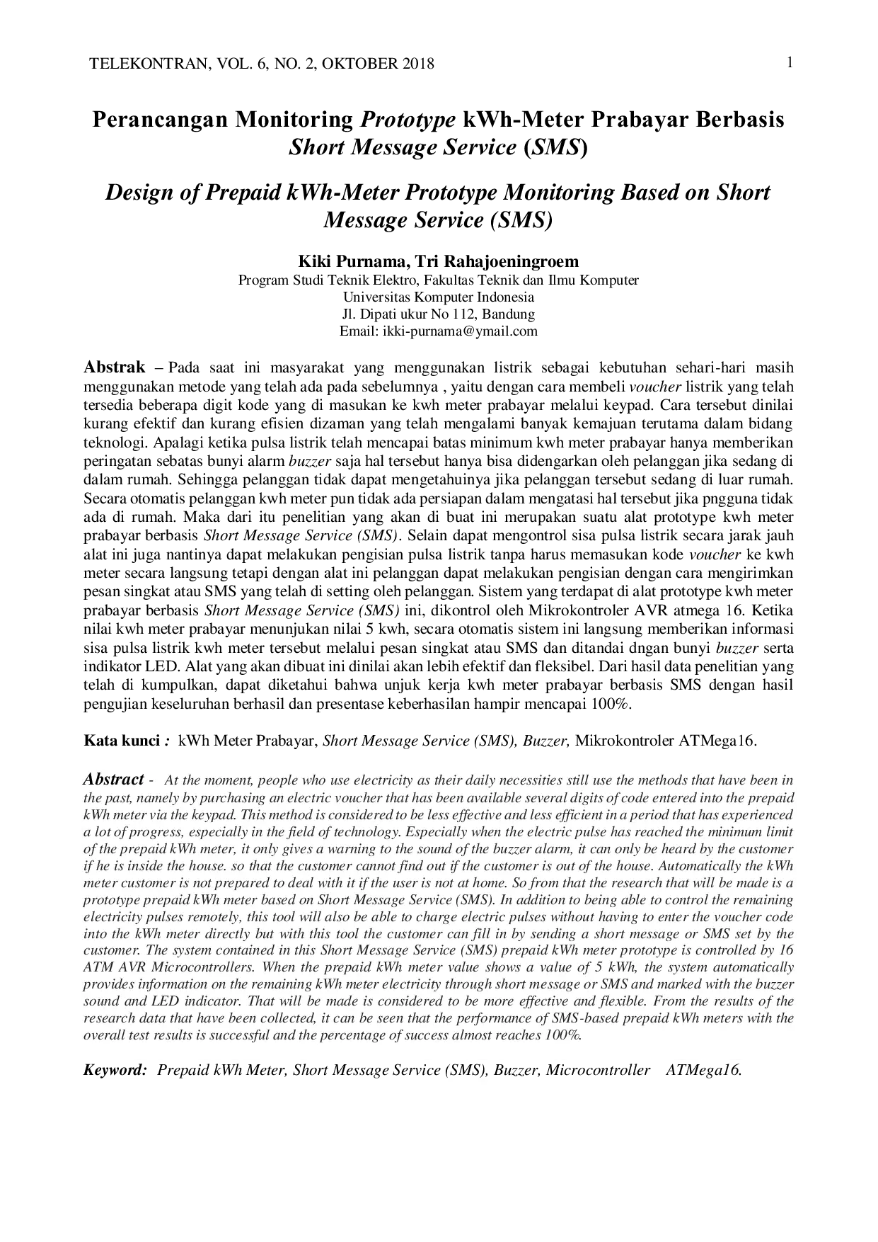 JURIS Perancangan Monitoring Prototype Kwh Meter Prabayar Berbasis Short Message Service SMS