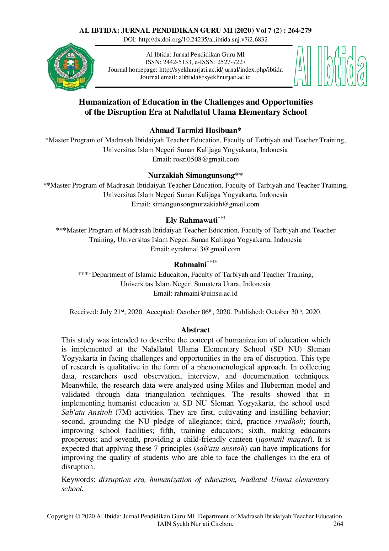 JURIS Humanization Of Education In The Challenges And Opportunities Of The Disruption Era At Nahdlatul Ulama Elementary School