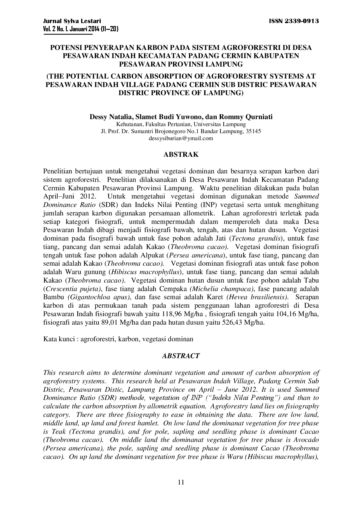 juris Potensi Penyerapan Karbon Pada Sistem Agroforestri Di Desa Pesawaran Indah Kecamatan Padang Cermin Kabupaten Pesawaran Provinsi Lampung