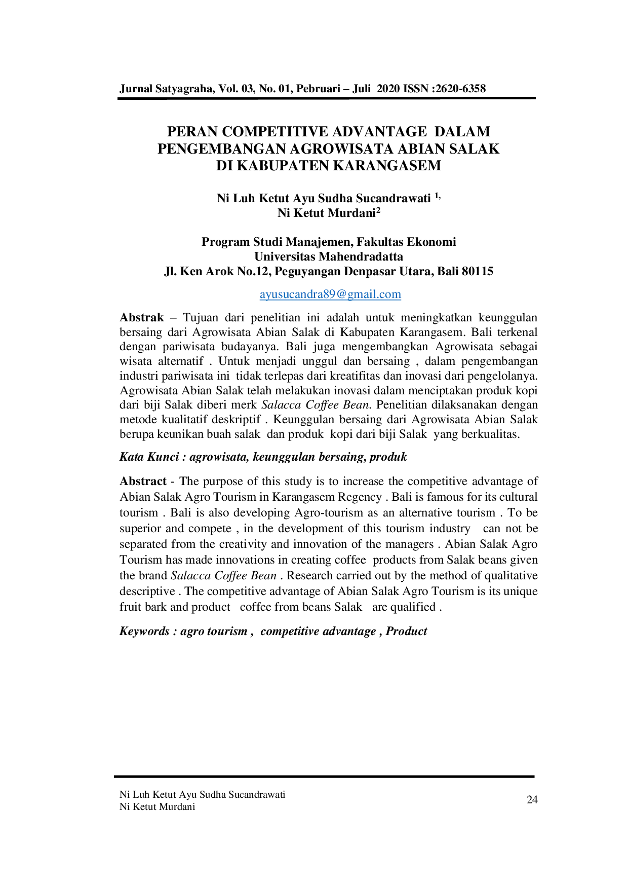JURIS Peran Competitive Advantage dalam Pengembangan Agrowisata Abian Salak di Kabupaten Karangasem