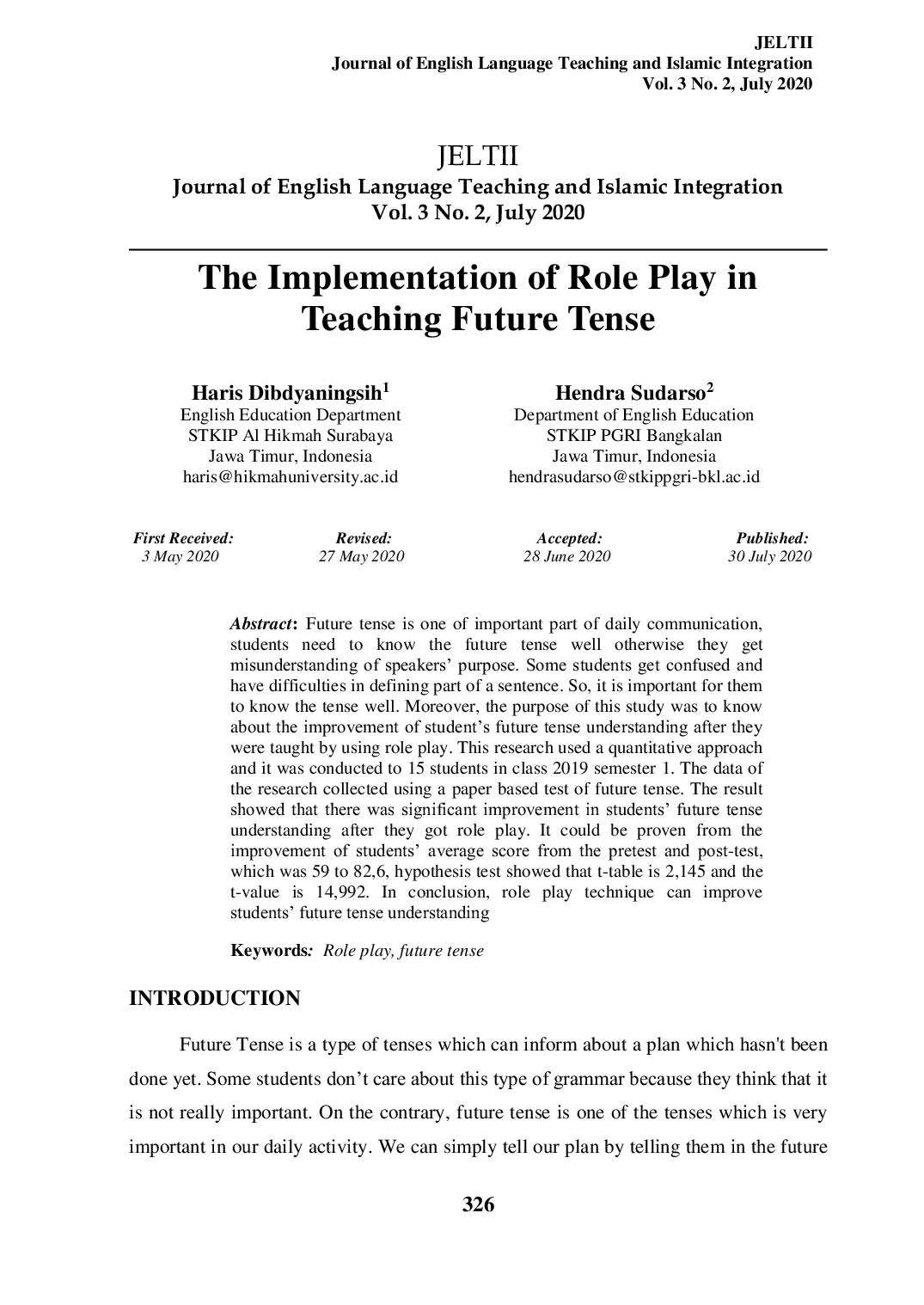 JURIS The Implementation Of Role Play In Teaching Future Tense