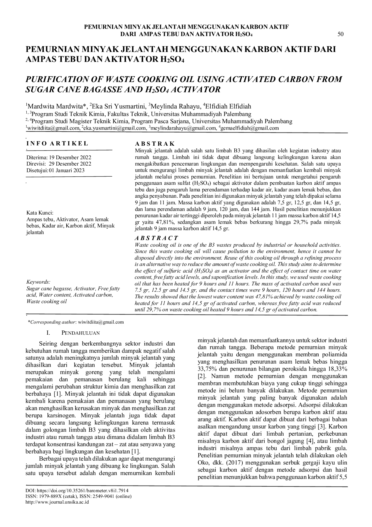 JURIS Pemurnian Minyak Jelantah Menggunakan Karbon Aktif Dari Ampas Tebu dan Aktivator H2SO4