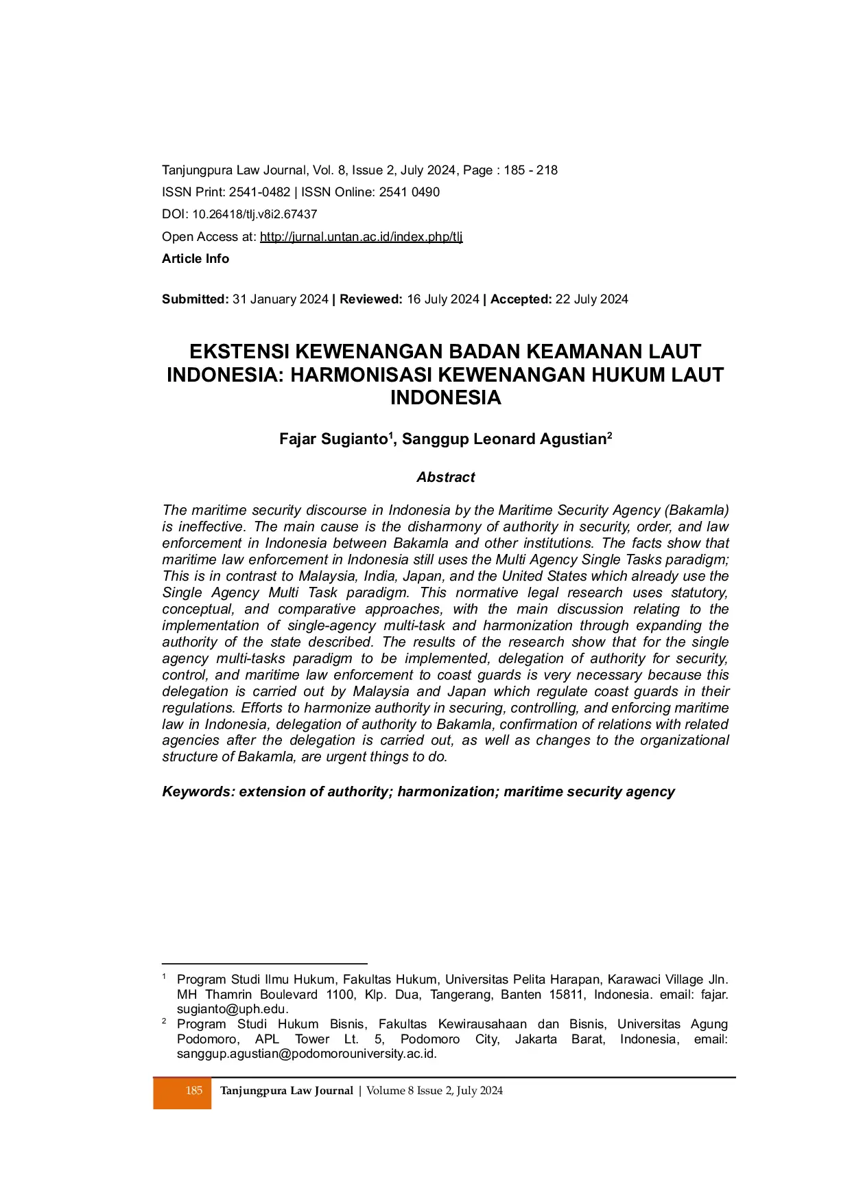 JURIS Ekstensi Kewenangan Badan Keamanan Laut Indonesia Harmonisasi Kewenangan Hukum Laut Indonesia