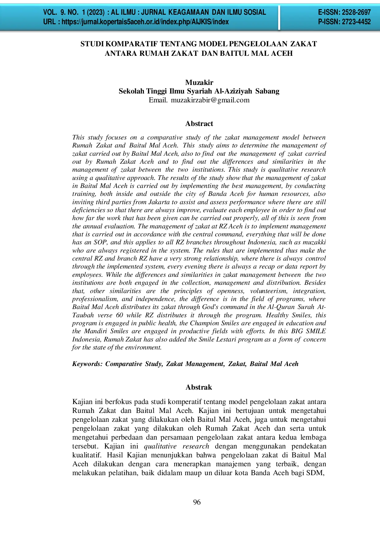 JURIS Studi Komparatif Tentang Model Pengelolaan Zakat Antara Rumah Zakat Dan Baitul Mal Aceh