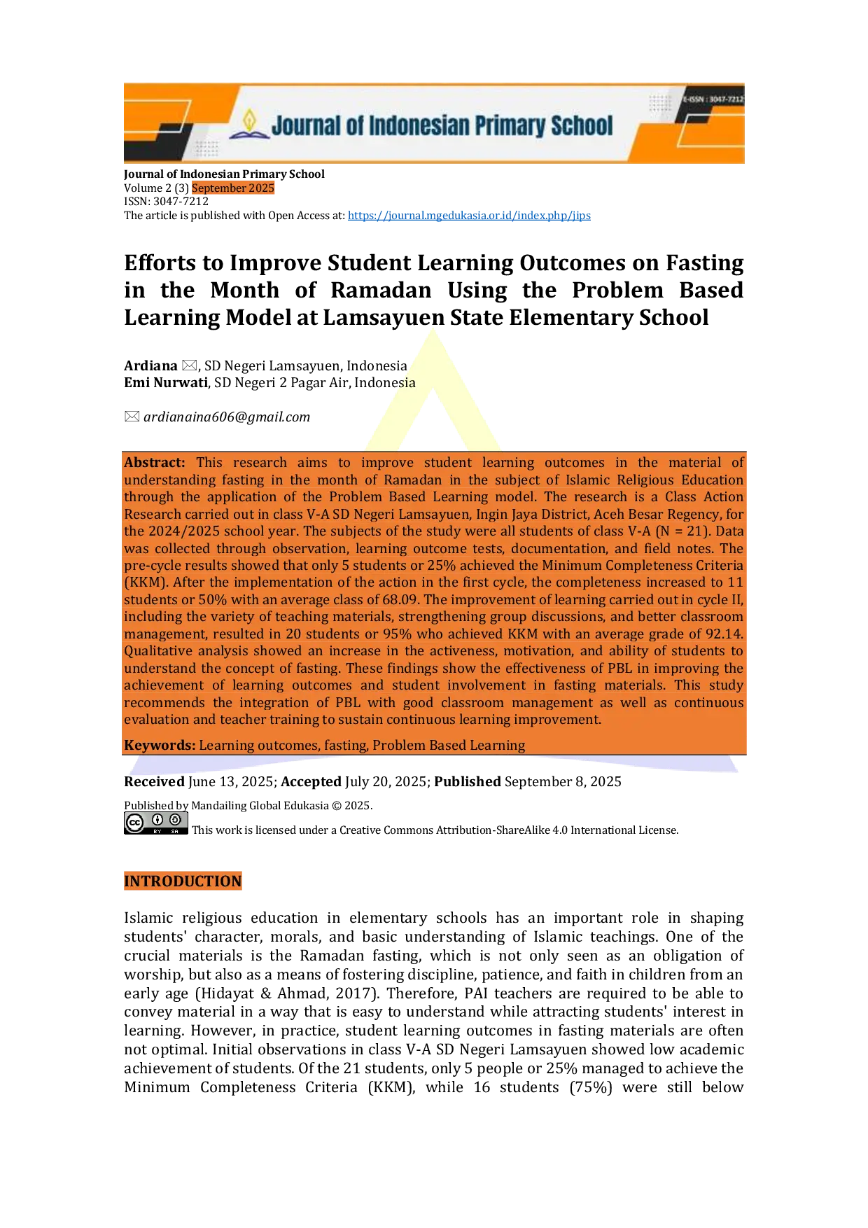 JURIS Efforts to Improve Student Learning Outcomes on Fasting in the Month of Ramadan Using the Problem Based Learning Model at Lamsayuen State Elementary School