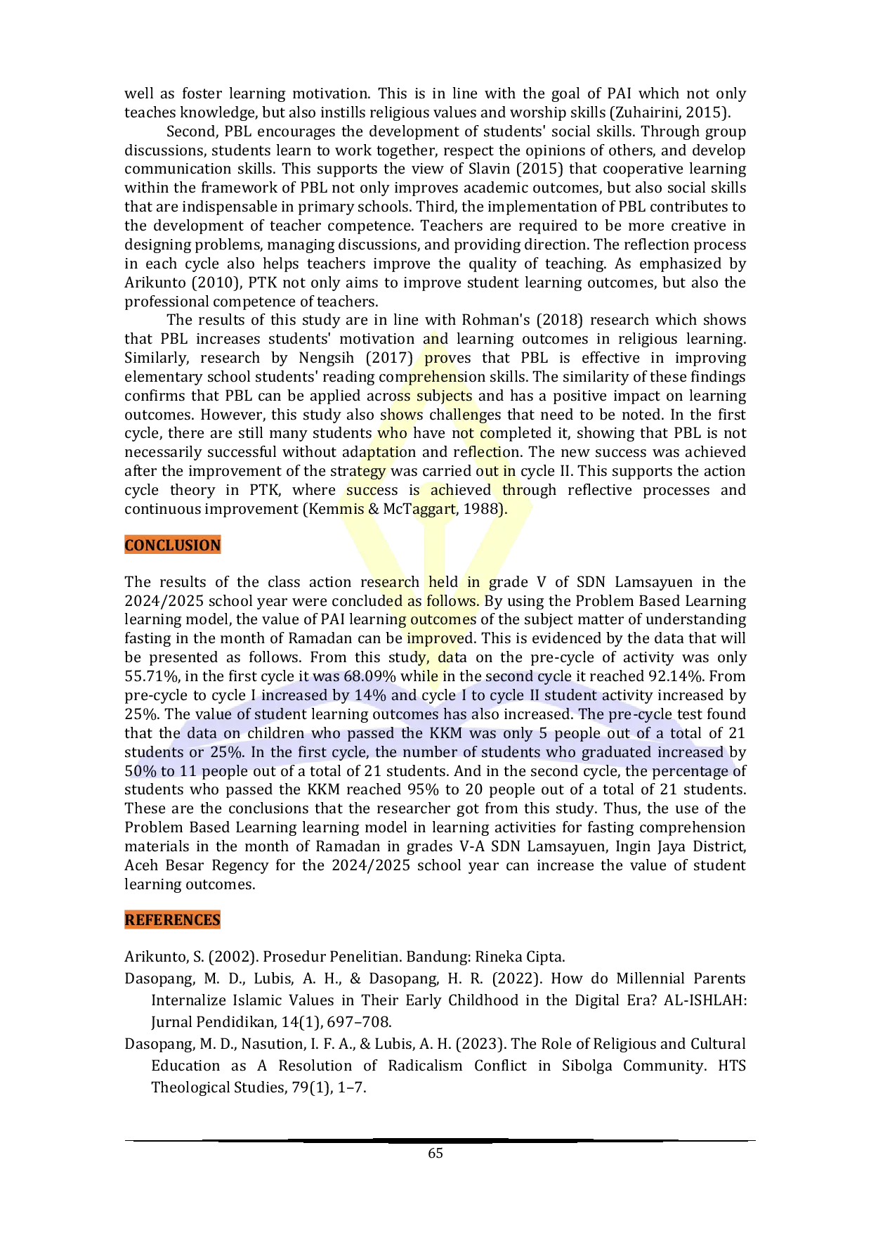 JURIS Efforts to Improve Student Learning Outcomes on Fasting in the Month of Ramadan Using the Problem Based Learning Model at Lamsayuen State Elementary School