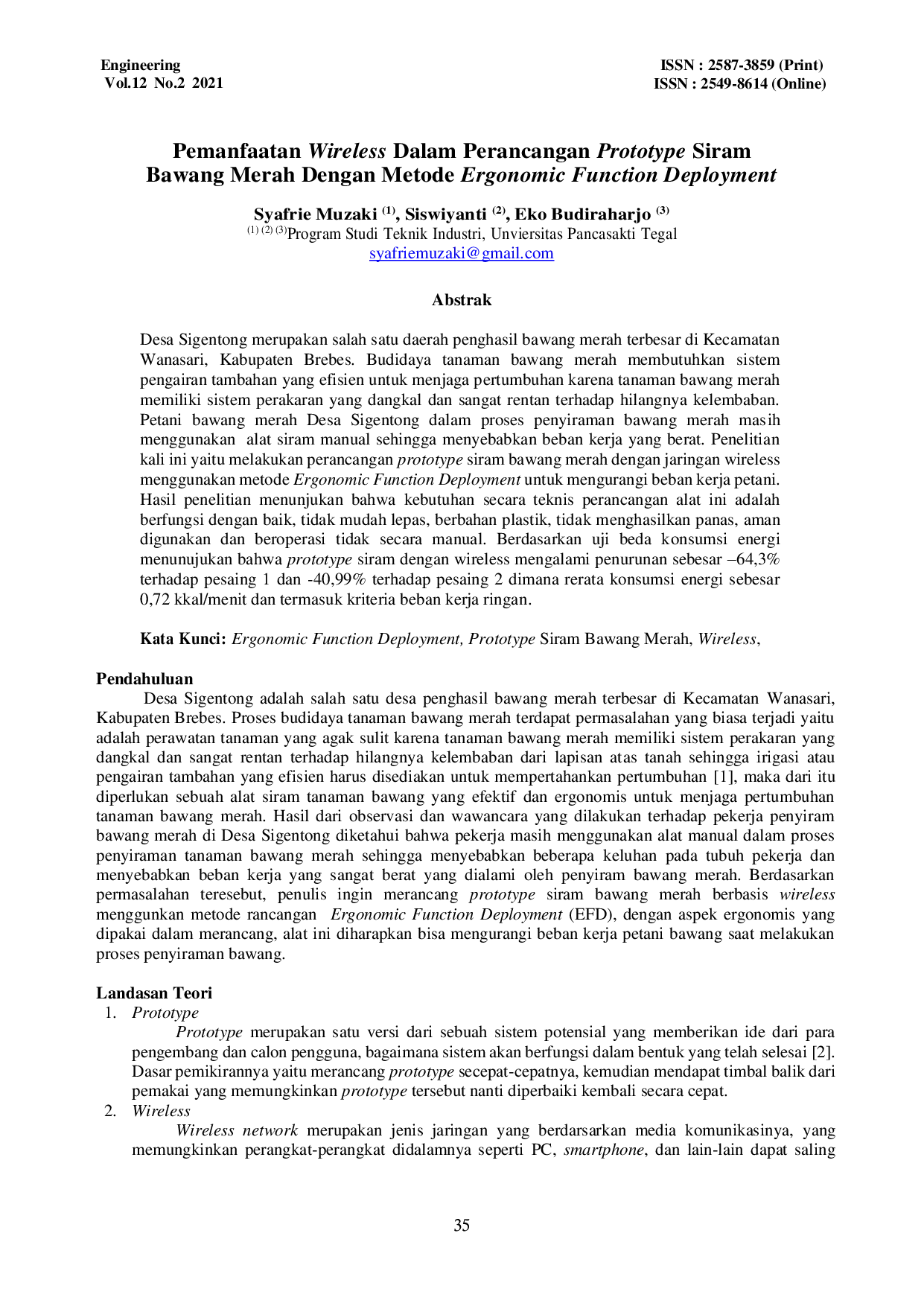 JURIS Pemanfaatan Wireless Dalam Perancangan Prototype Siram Bawang Merah Dengan Metode Ergonomic Function Deployment