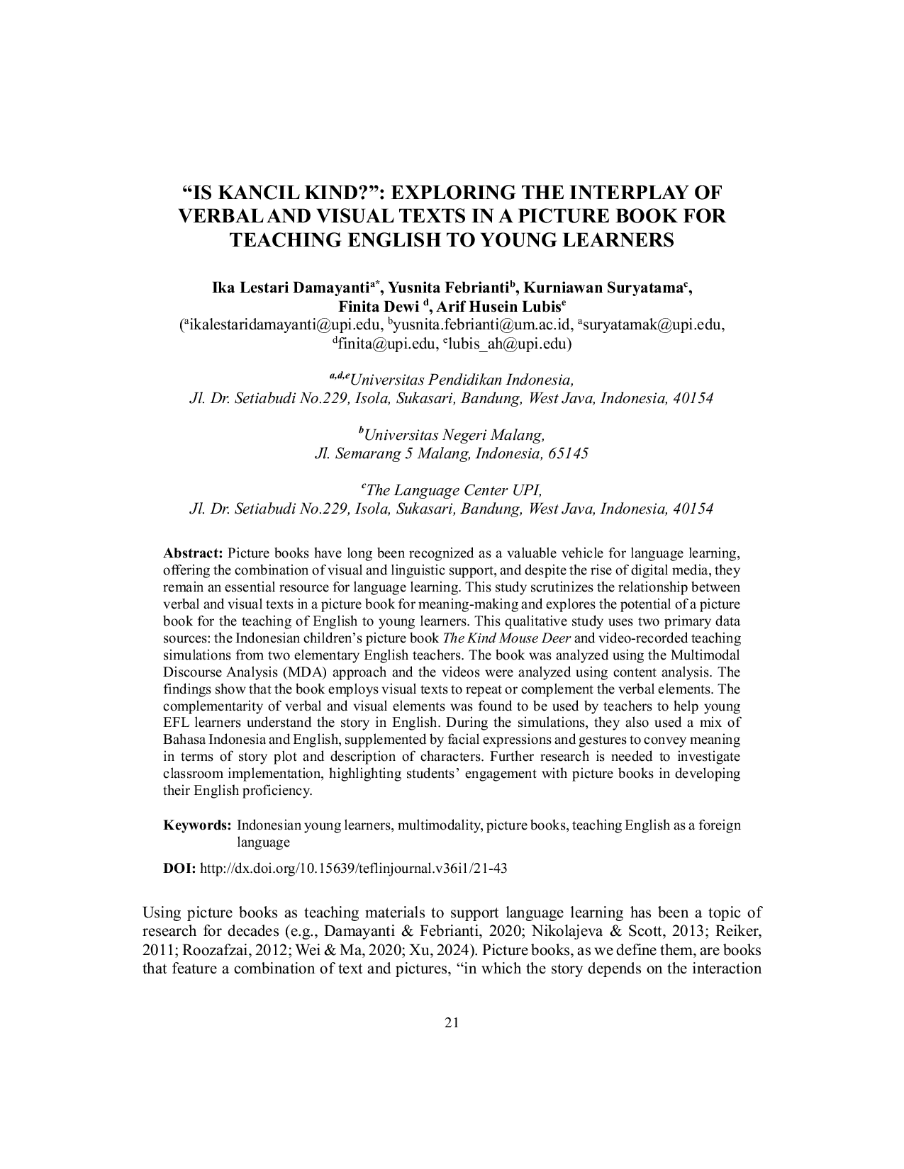 JURIS Is Kancil Kind Exploring the Interplay of Verbal and Visual Texts in a Picture Book for Teaching English to Young Learners