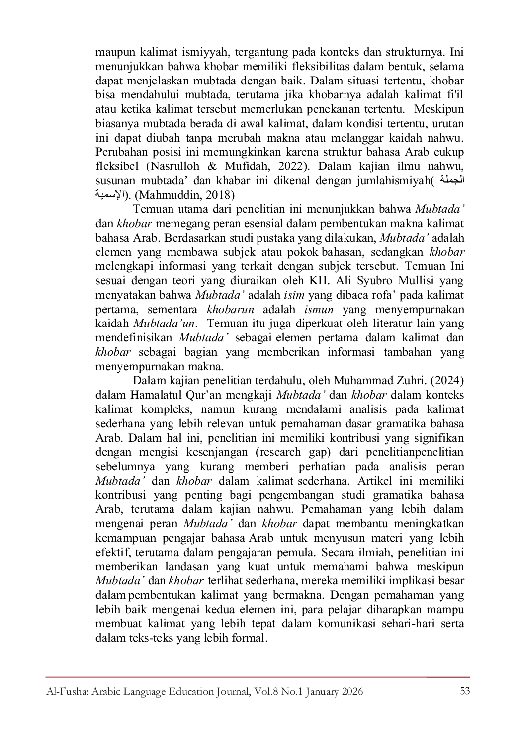 JURIS Mubtada and Khobar in the Arabic Sentence Formation in the Nahwu Basic Theory Book