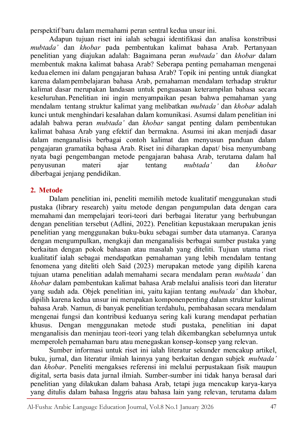 JURIS Mubtada and Khobar in the Arabic Sentence Formation in the Nahwu Basic Theory Book
