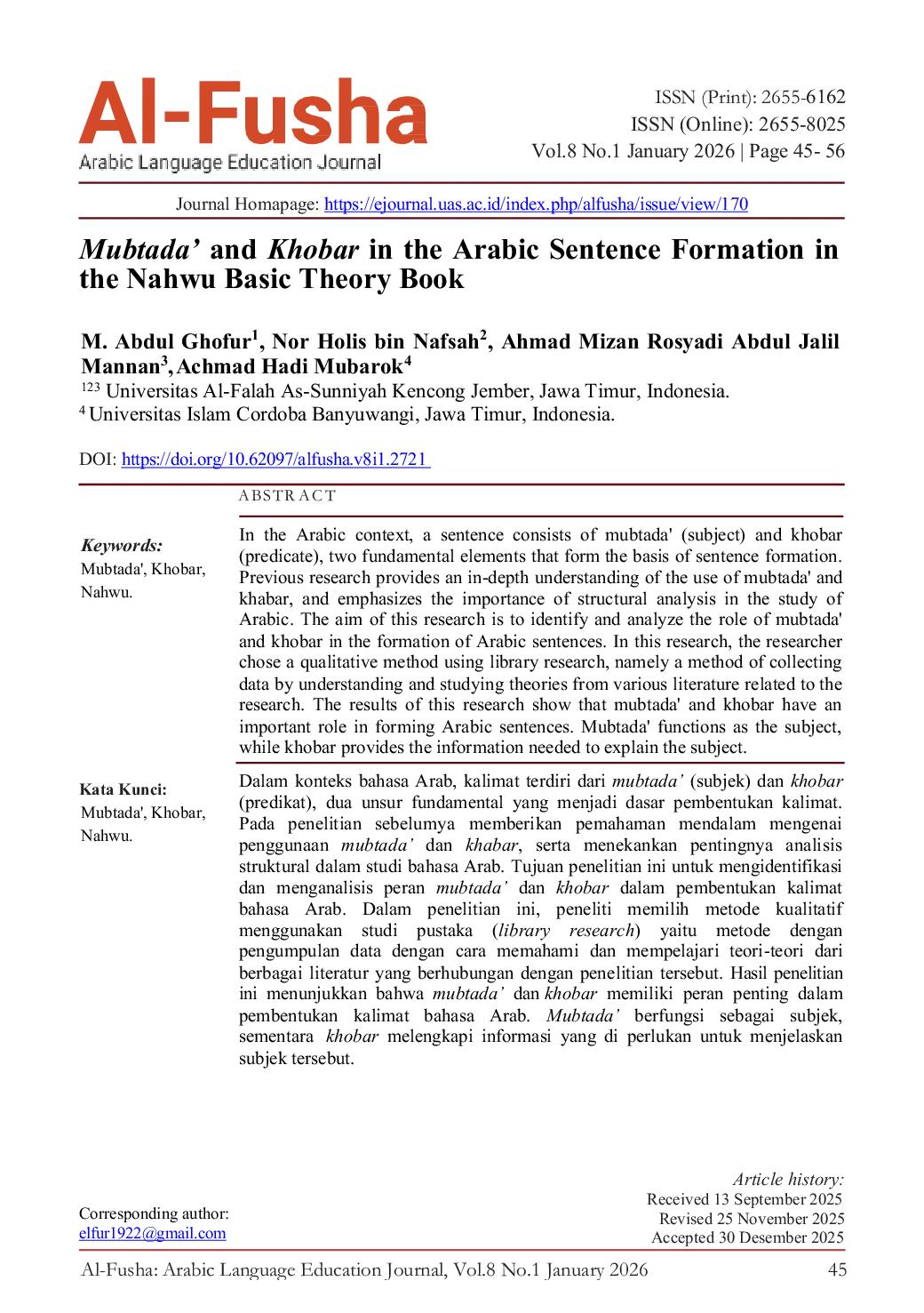 JURIS Mubtada and Khobar in the Arabic Sentence Formation in the Nahwu Basic Theory Book