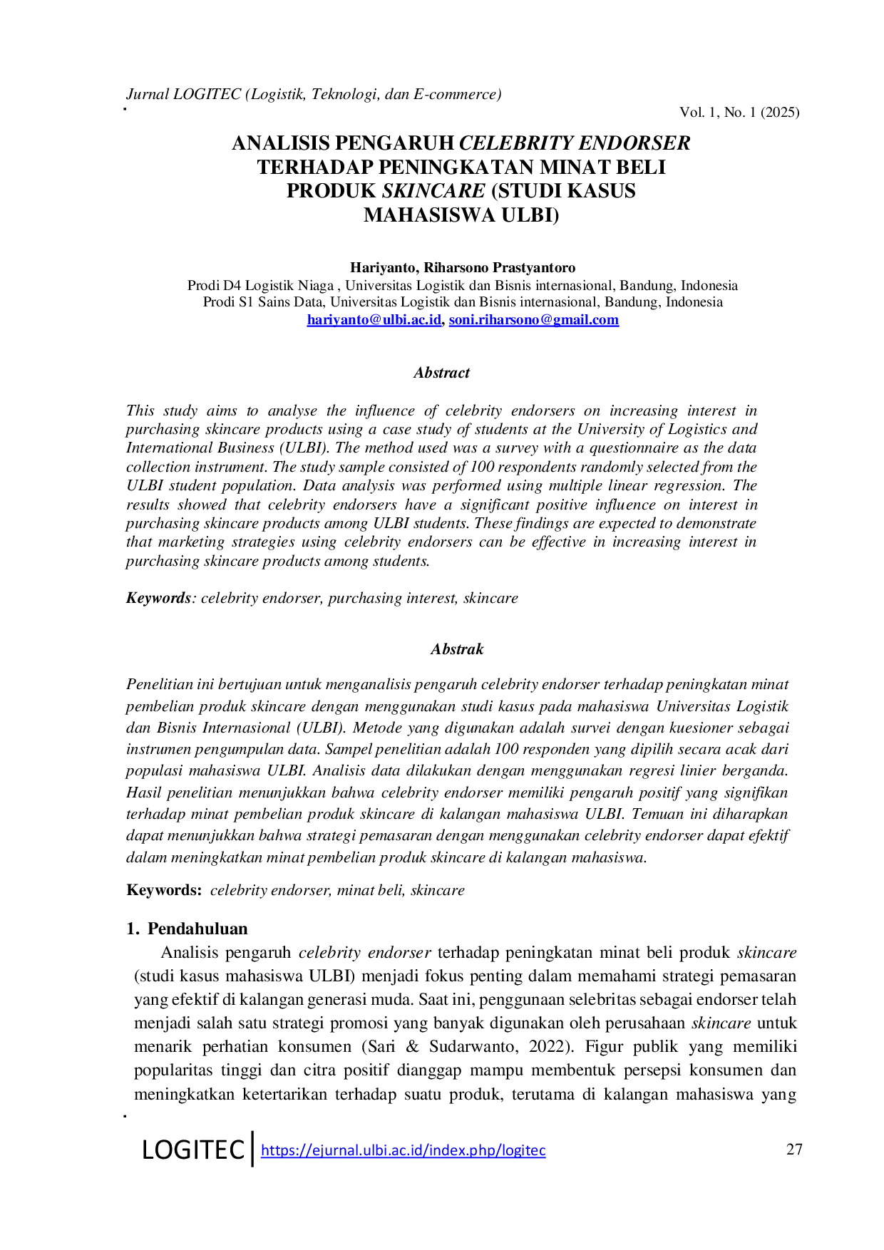 JURIS Analisis Pengaruh Celebrity Endorser Terhadap Peningkatan Minat Beli Produk Skincare