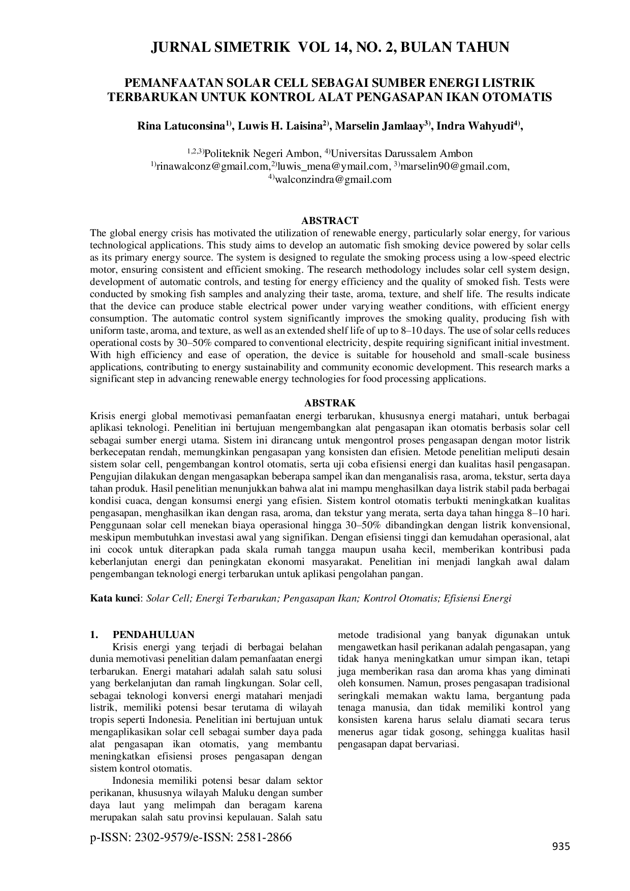 JURIS Pemanfaatan Solar Cell Sebagai Sumber Energi Listrik Terbarukan Untuk Kontrol Alat Pengasapan Ikan Otomatis