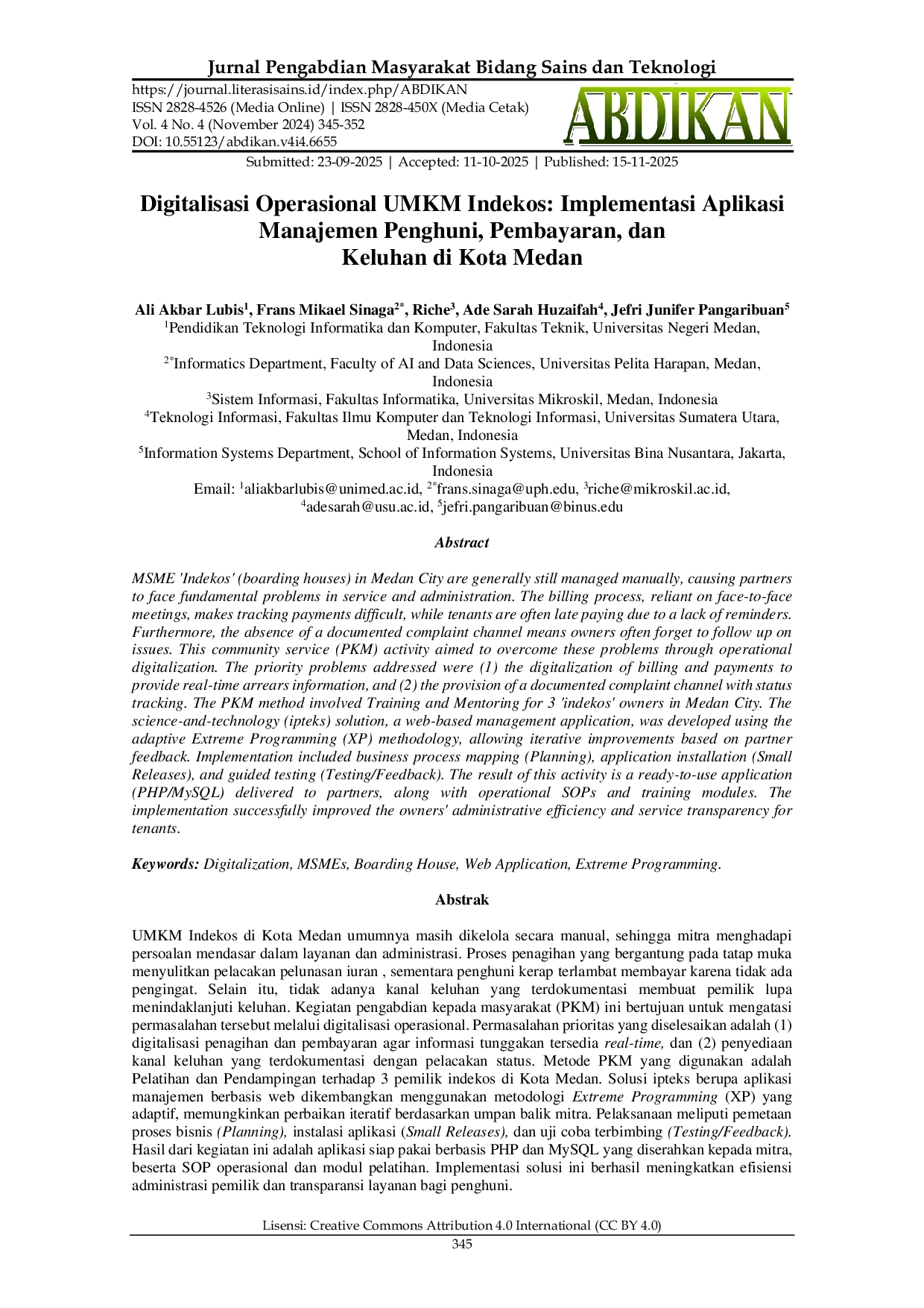 JURIS Digitalisasi Operasional UMKM Indekos Implementasi Aplikasi Manajemen Penghuni Pembayaran dan Keluhan di Kota Medan