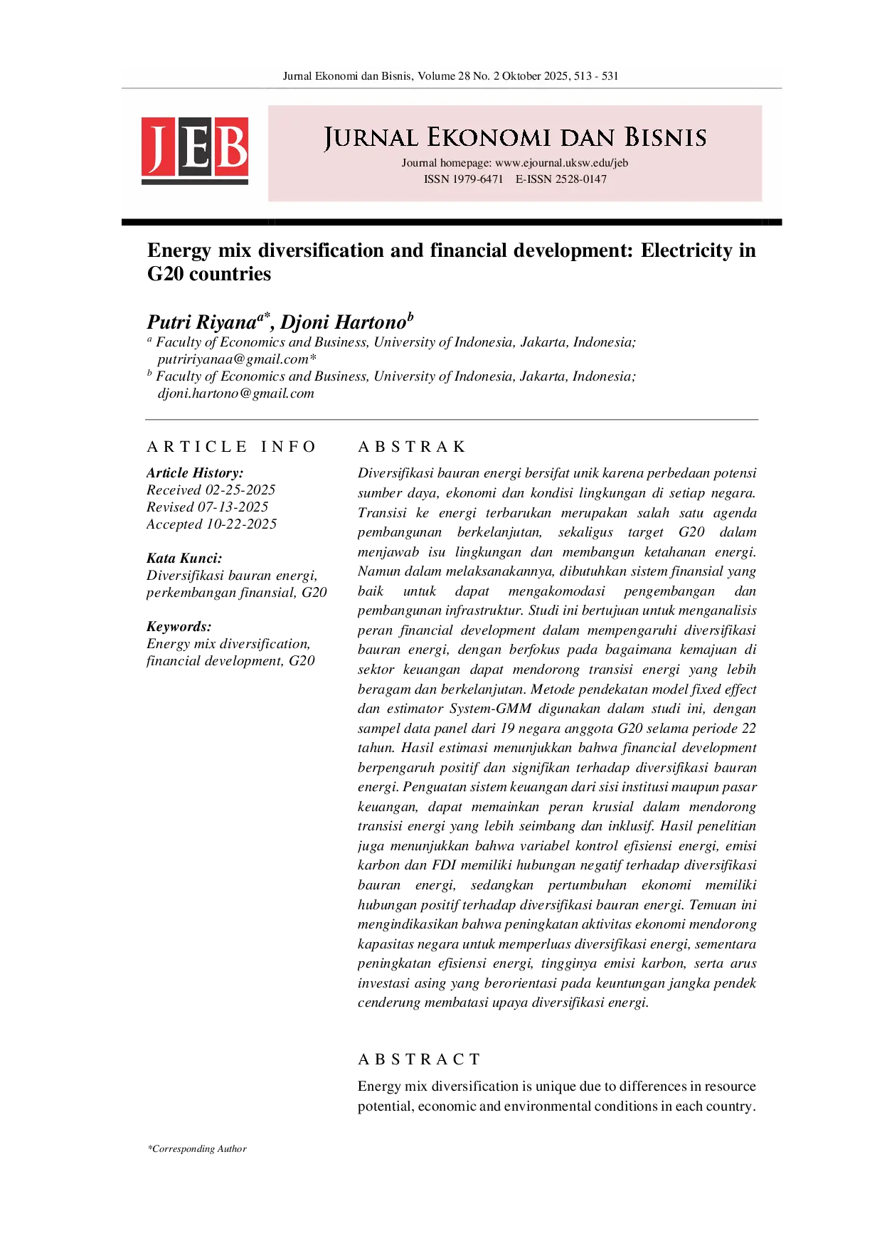 JURIS Energy mix diversification and financial development Electricity in G20 countries