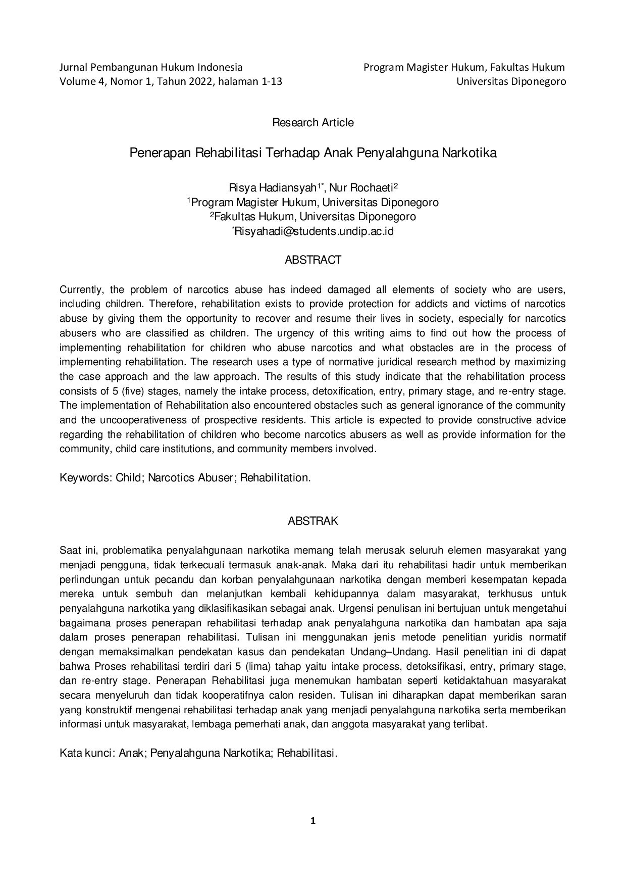 JURIS Penerapan Rehabilitasi Terhadap Anak Penyalahguna Narkotika