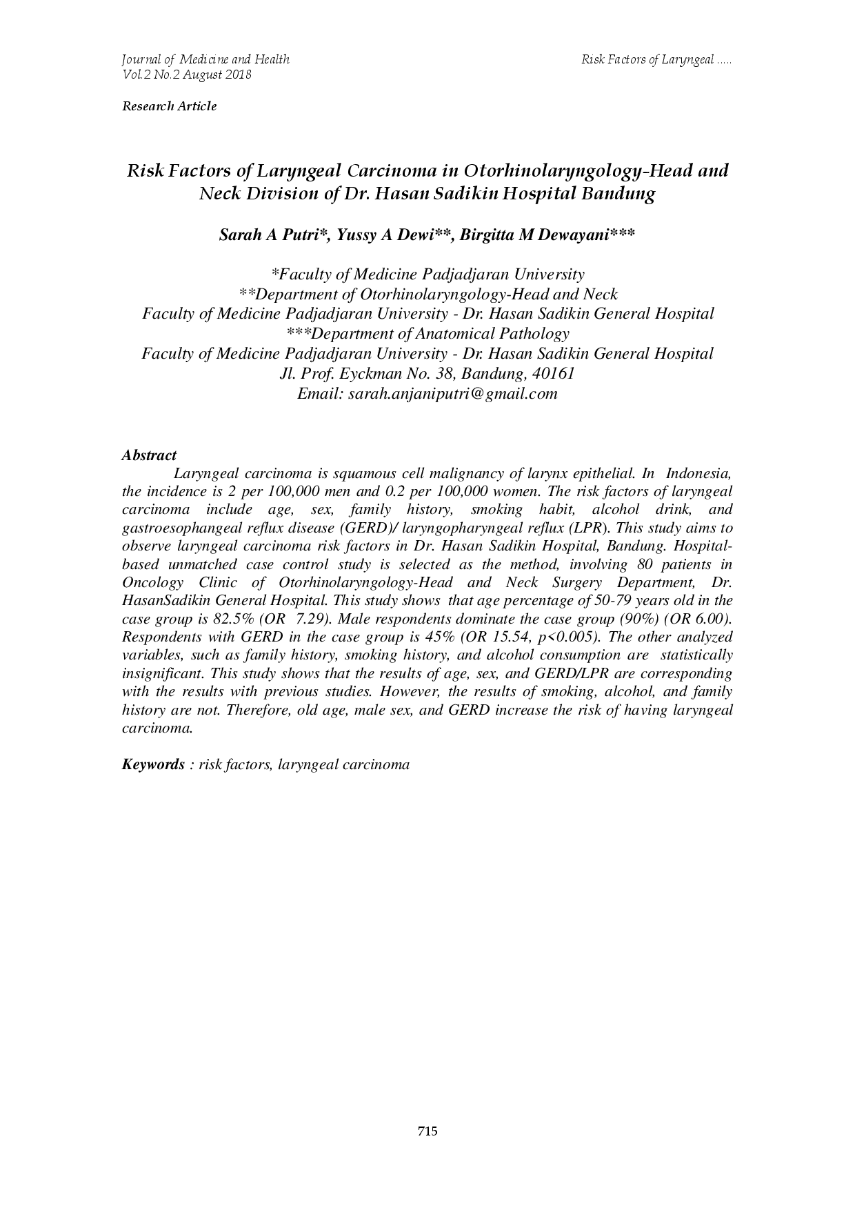 juris Risk Factors of Laryngeal Carcinoma in Otorhinolaryngology Head and Neck Division of Dr Hasan Sadikin Hospital Bandung