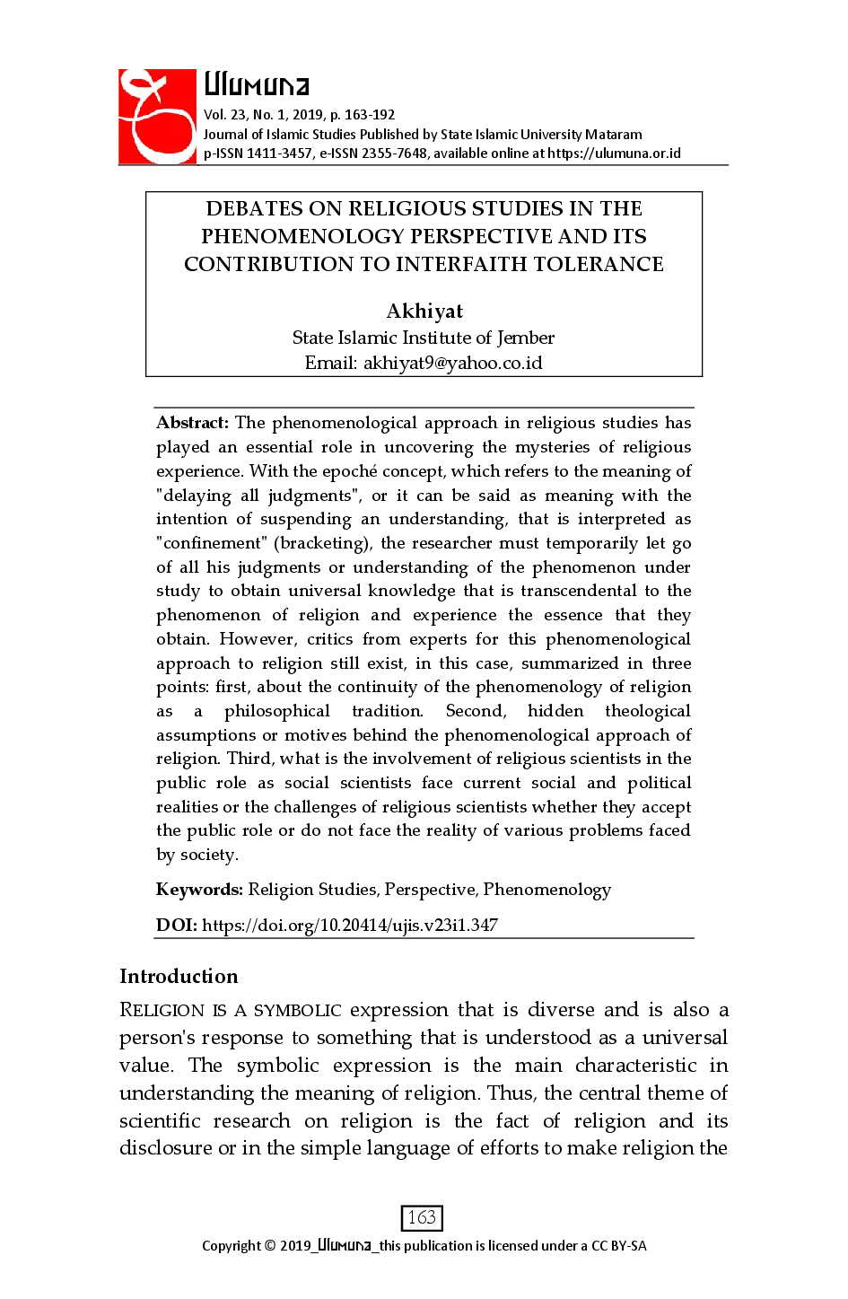 juris Debates on Religious Studies In the Phenomenology Perspective and Its Contribution to Interfaith Tolerance