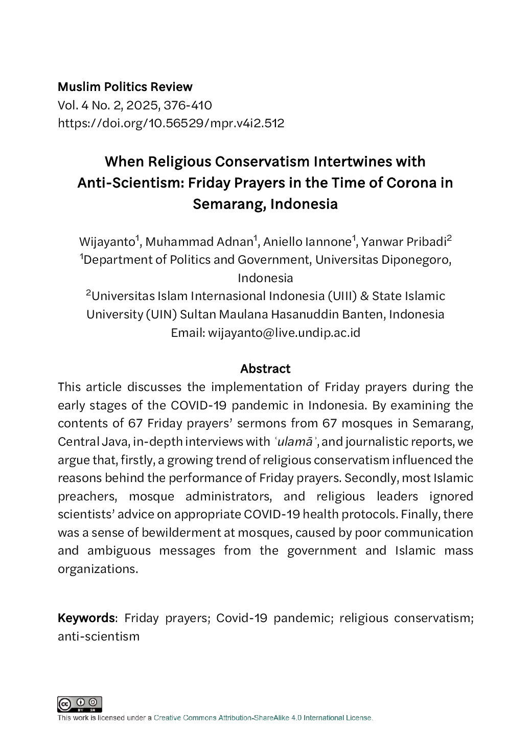 JURIS When Religious Conservatism Intertwines with Anti Scientism Friday Prayers in the Time of Corona in Semarang Indonesia