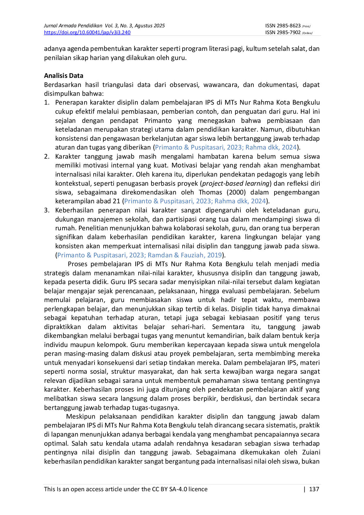 JURIS Analisis Penerapan Karakter Disiplin Dan Tanggung Jawab Dalam Pembelajaran IPS Siswa Di MTs Nur Rahma Kota Bengkulu
