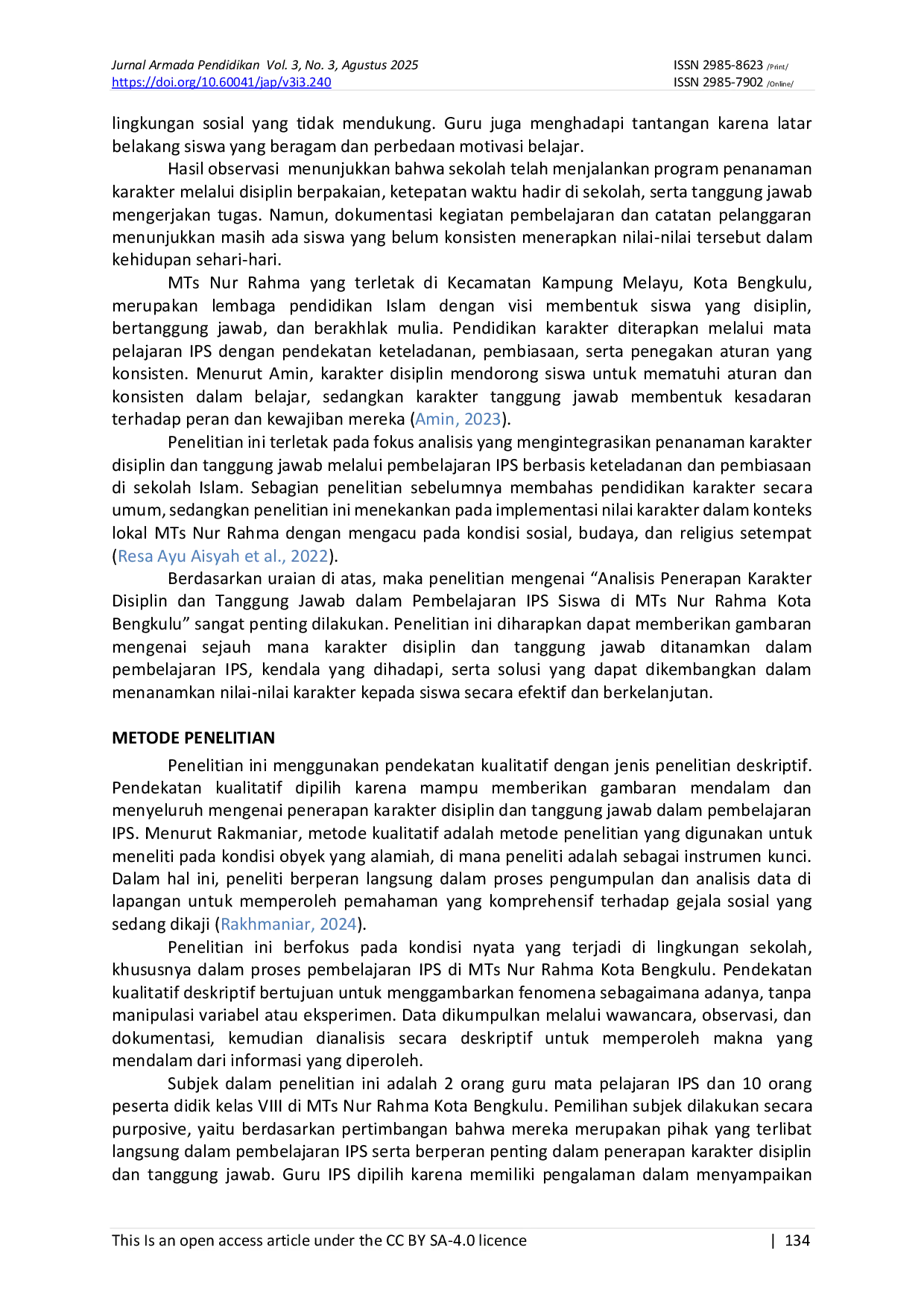 JURIS Analisis Penerapan Karakter Disiplin Dan Tanggung Jawab Dalam Pembelajaran IPS Siswa Di MTs Nur Rahma Kota Bengkulu