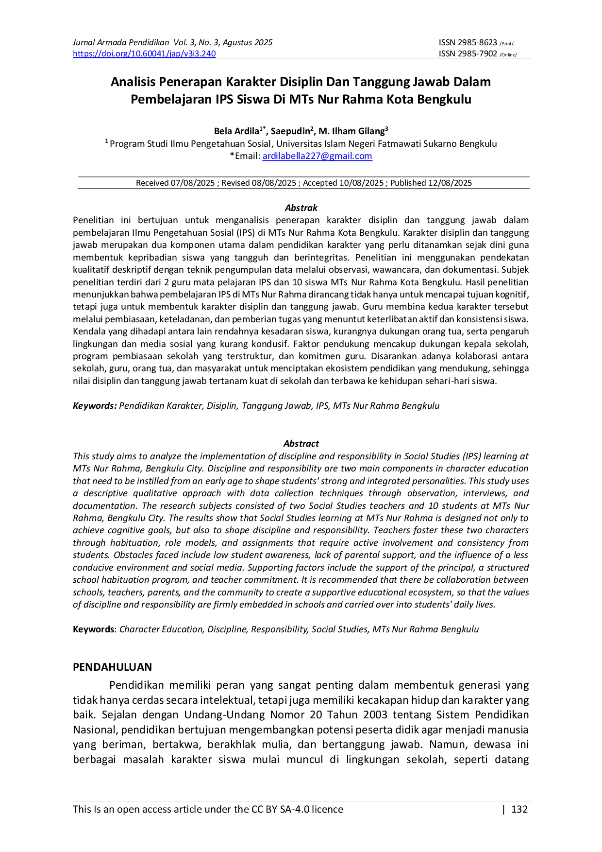JURIS Analisis Penerapan Karakter Disiplin Dan Tanggung Jawab Dalam Pembelajaran IPS Siswa Di MTs Nur Rahma Kota Bengkulu