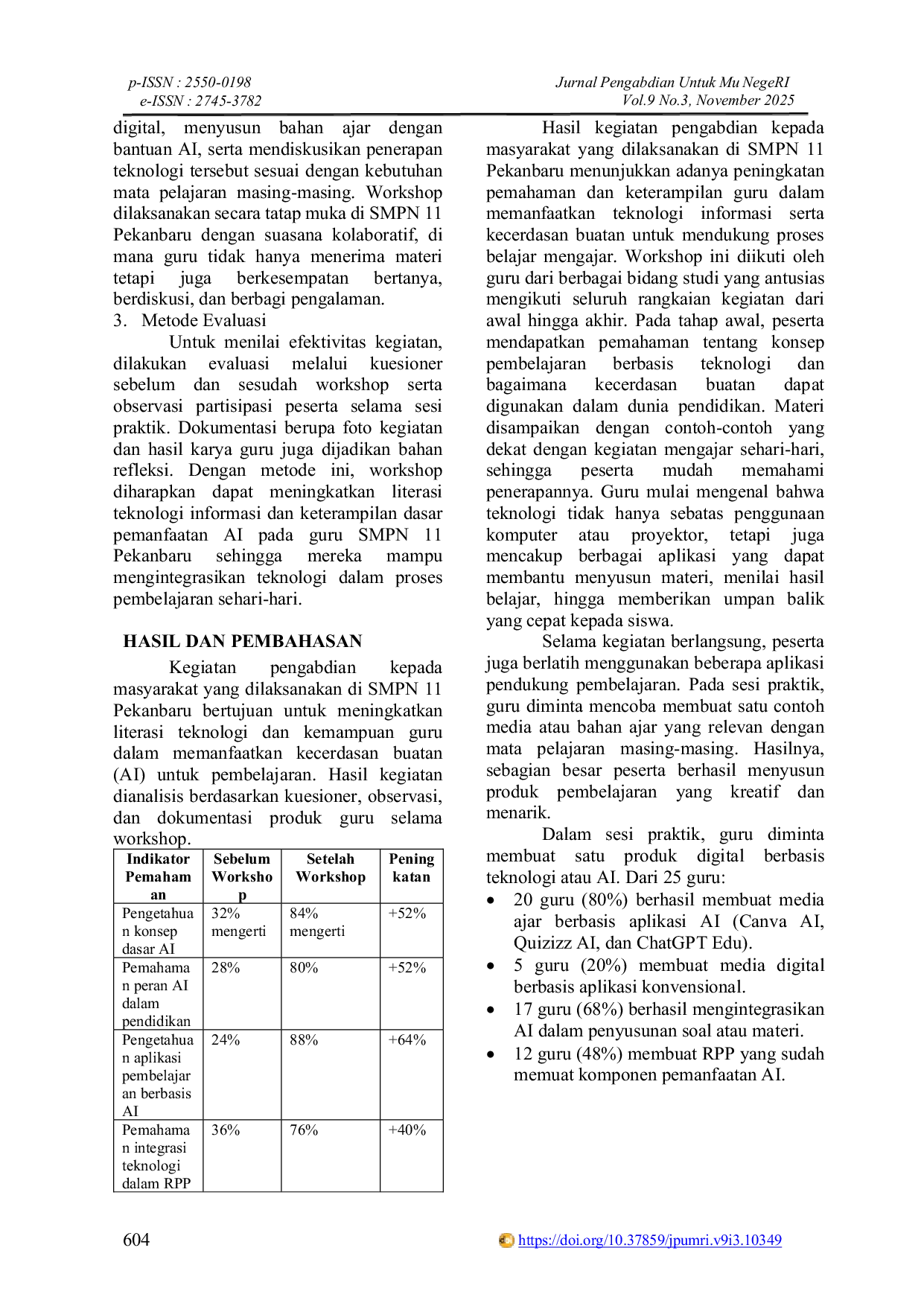 JURIS Enhancing Teachers Knowledge of Artificial Intelligence and Information Technology at SMPN 11 Pekanbaru