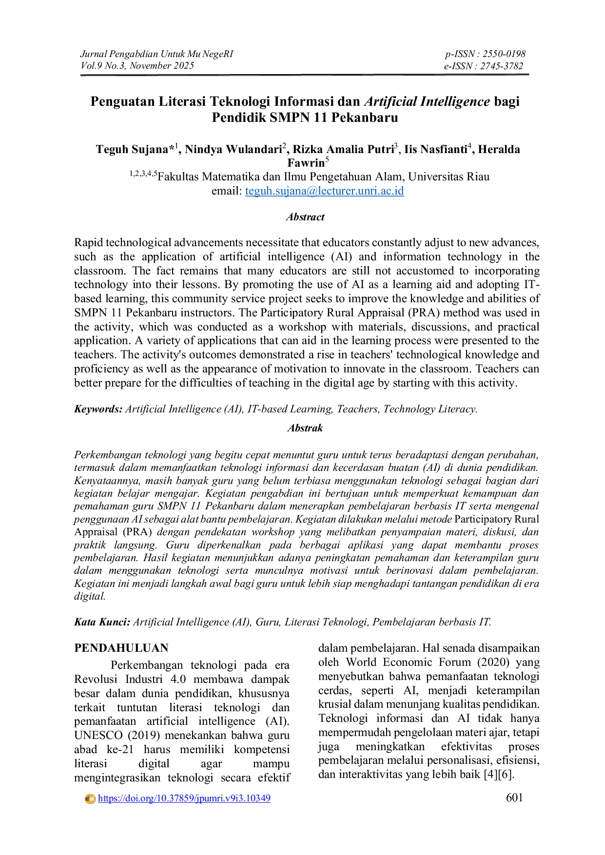 JURIS Enhancing Teachers Knowledge of Artificial Intelligence and Information Technology at SMPN 11 Pekanbaru