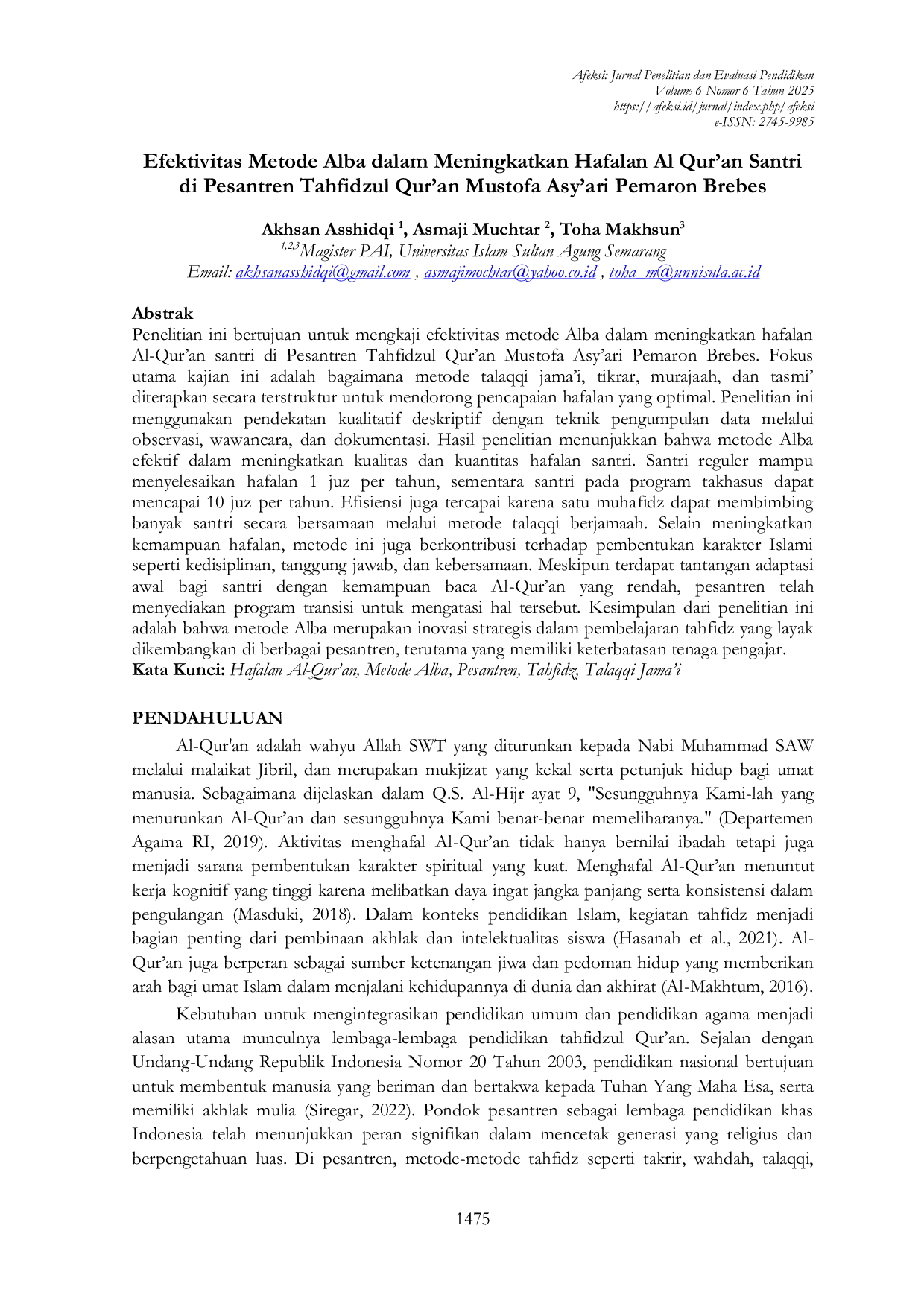 JURIS Efektivitas Metode Alba dalam Meningkatkan Hafalan Al Qur an Santri di Pesantren Tahfidzul Qur an Mustofa Asy ari Pemaron Brebes