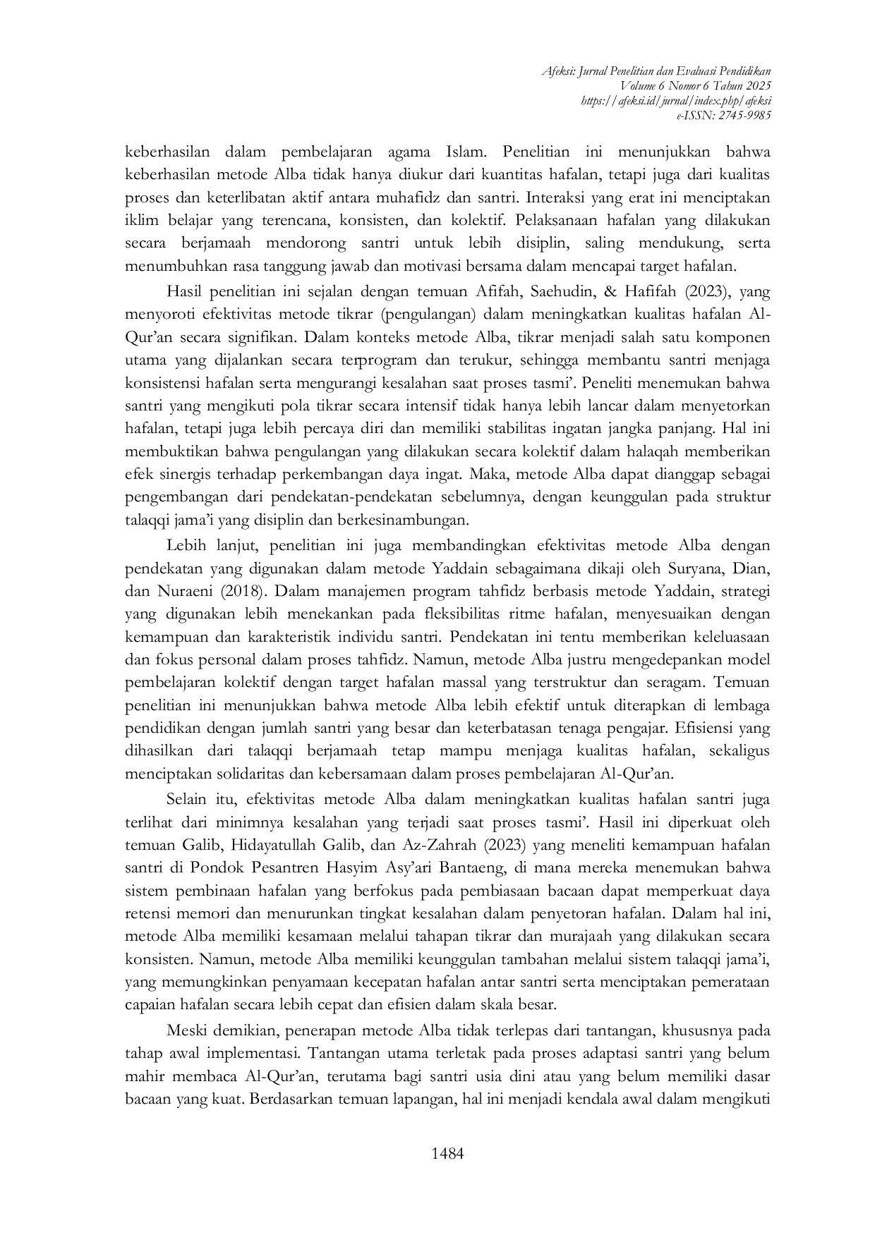 JURIS Efektivitas Metode Alba dalam Meningkatkan Hafalan Al Qur an Santri di Pesantren Tahfidzul Qur an Mustofa Asy ari Pemaron Brebes