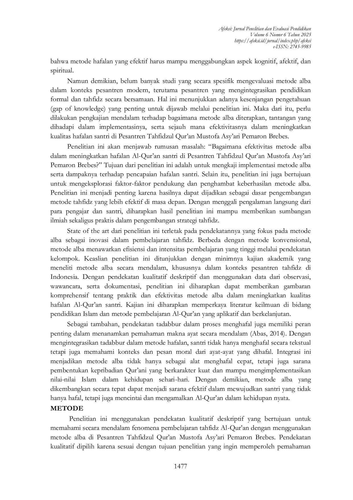 JURIS Efektivitas Metode Alba dalam Meningkatkan Hafalan Al Qur an Santri di Pesantren Tahfidzul Qur an Mustofa Asy ari Pemaron Brebes