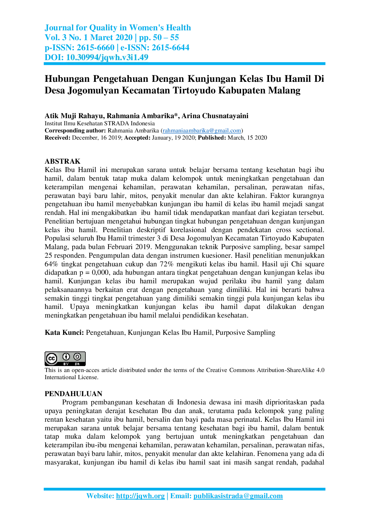 JURIS Hubungan Pengetahuan Dengan Kunjungan Kelas Ibu Hamil Di Desa Jogomulyan Kecamatan Tirtoyudo Kabupaten Malang
